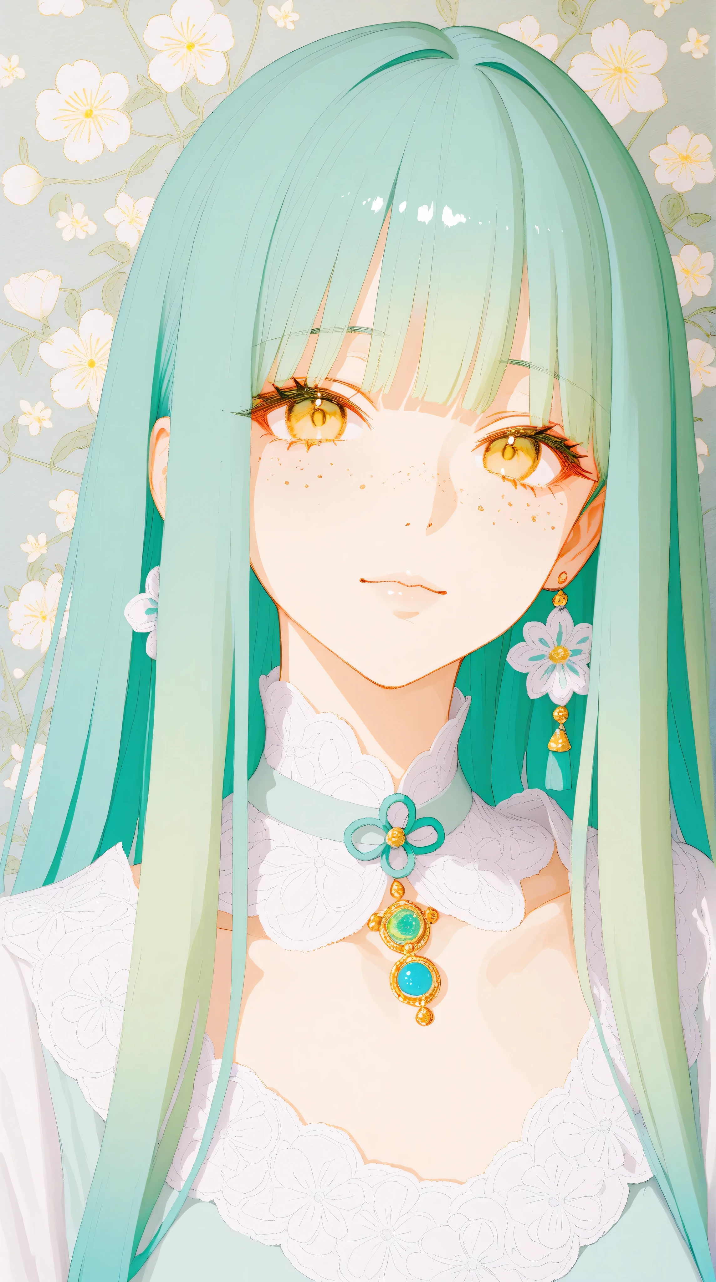 A mesmerizing surreal illustration of a young japanese woman. She has pastel green hair with blunt bangs, yellow eyes, and wears a vibrant pastel colored outfit adorned with intricate floral patterns. Freckles dot her smooth, warm complexion, and bold, colorful tattoos cover her arms and legs. The tattoos feature traditional Japanese motifs like flowers and mythical creatures, rendered with meticulous detail in a pastel color palette. The background is a vintage floral-patterned wallpaper that complements the artwork's colors. The line work is precise, with delicate shading that gives the illustration a 3D quality. The artwork fuses modern illustration techniques with traditional Japanese aesthetics, resulting in a visually striking, portrait,
