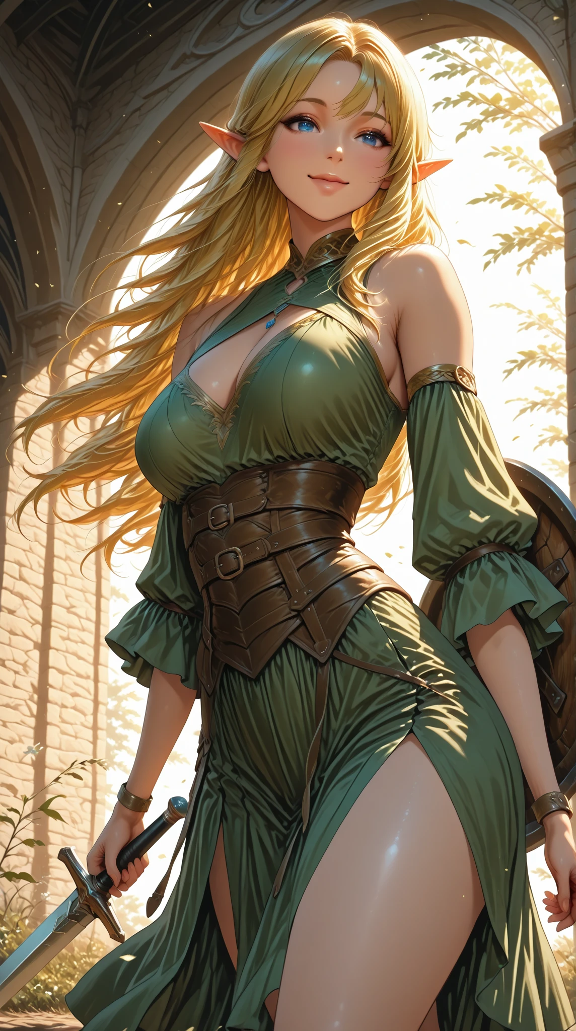 (perfect lighting), ((Best Quality)),( super high definition),(Super detailed),( detailed description ),((The best CG)),(masterpiece) elf women、 medieval knight 、clothed、 Gold、 sword and shield、from the front、smile、Put your whole body into,realistic , fantasy
