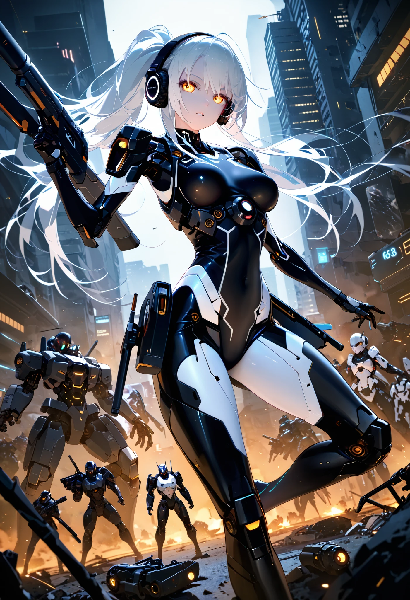 cowboy shooting from 16318,  cyberpunk mecha girl with a long black and white ponytail,  detailed mechanical body with a glowing exoskeleton ,  Headphone Gear ,  booster unit ,  equipped with huge weapons ,  fighting in a midnight abandoned city ,  surrounded by many enemies , high definition, Ultra Detailed 64K CG , top quality, Extremely Glowing Skin , beautiful detailed face, beautiful detailed eyes, PERFECT ANATOMY,  perfect toes , Perfect Arms, perfect finger,  perfect leg, highly detailed background