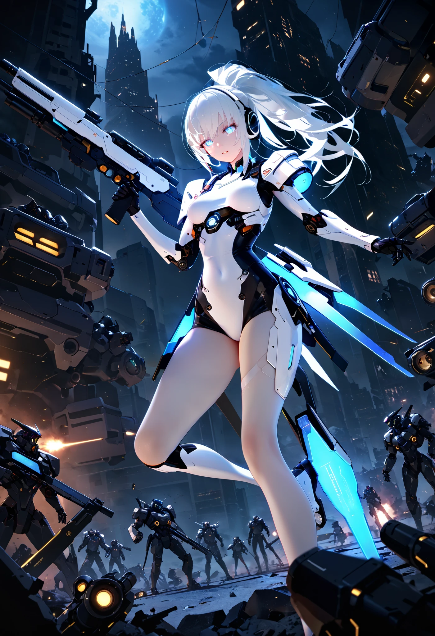 cowboy shooting from 16318, cyberpunk mecha girl with a long black and white ponytail, detailed mechanical body with a glowing exoskeleton , Headphone Gear , booster unit , equipped with huge weapons , fighting in a midnight abandoned city , surrounded by many enemies , high definition, Ultra Detailed 64K CG , top quality, Extremely Glowing Skin , beautiful detailed face, beautiful detailed eyes, PERFECT ANATOMY, perfect toes , Perfect Arms, perfect finger, perfect leg, highly detailed background