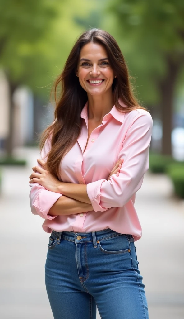 épouse, 50 ans, brun, formes généreuses , jeans, chemise blanche, chaussures à talons, belle poitrine, hanches très larges, élégant