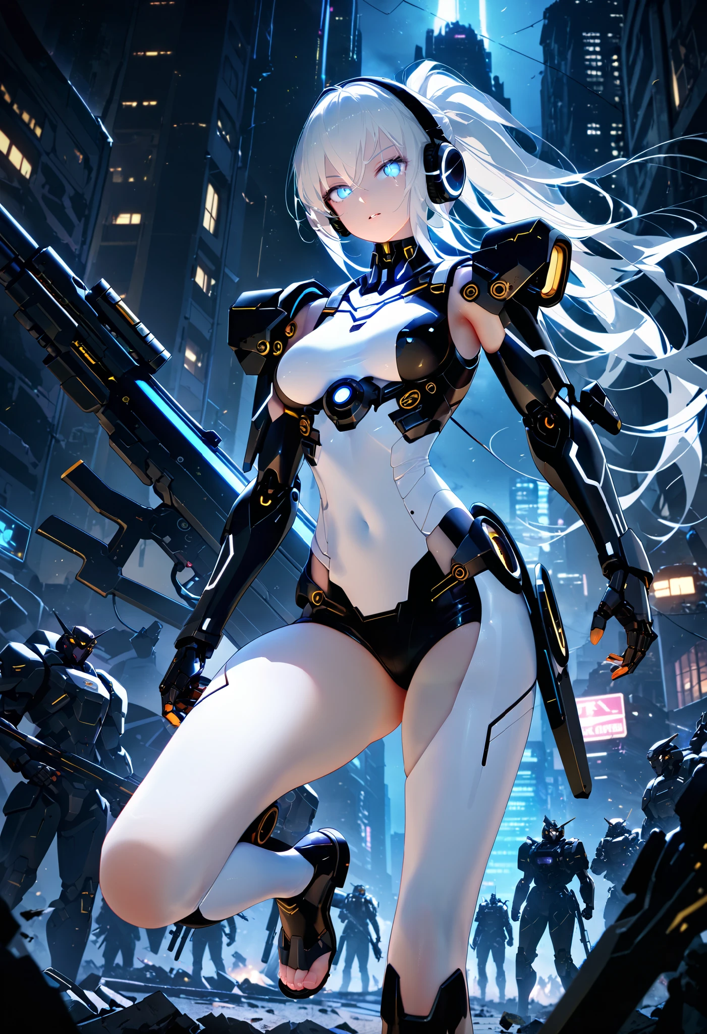 cowboy shooting from 16318, cyberpunk mecha girl with a long black and white ponytail, detailed mechanical body with a glowing exoskeleton , Headphone Gear , booster unit , equipped with huge weapons , fighting in a midnight abandoned city , surrounded by many enemies , high definition, Ultra Detailed 64K CG , top quality, Extremely Glowing Skin , beautiful detailed face, beautiful detailed eyes, PERFECT ANATOMY, perfect toes , Perfect Arms, perfect finger, perfect leg, highly detailed background