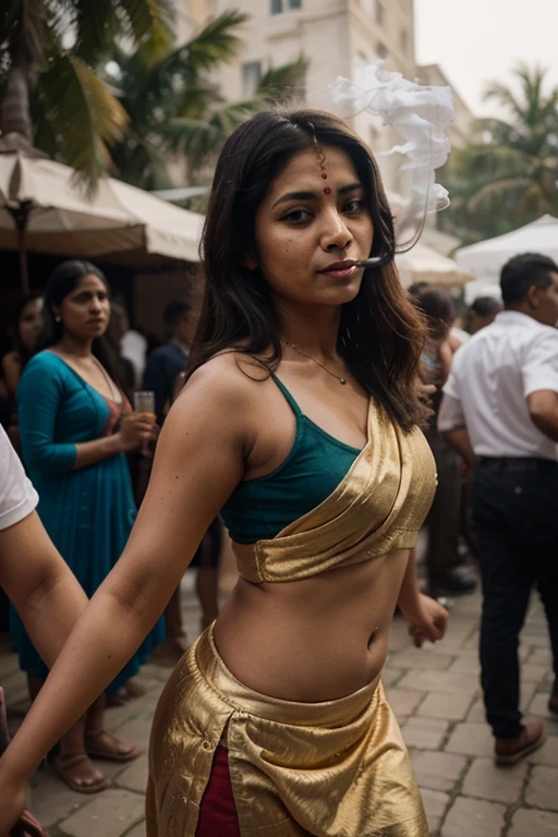 ((top quality)), ((masterpiece)), ((detailed body)), ((detailed hands)), a twenty one years old very beautiful naked Indian girl, very sweaty, thick hairy armpits, hairy pussy, totally naked, full body, bodybuilder, raising her hands high, she is not wearing single piece of clothing, wearing sunglasses, being touched by some men, at the wild party