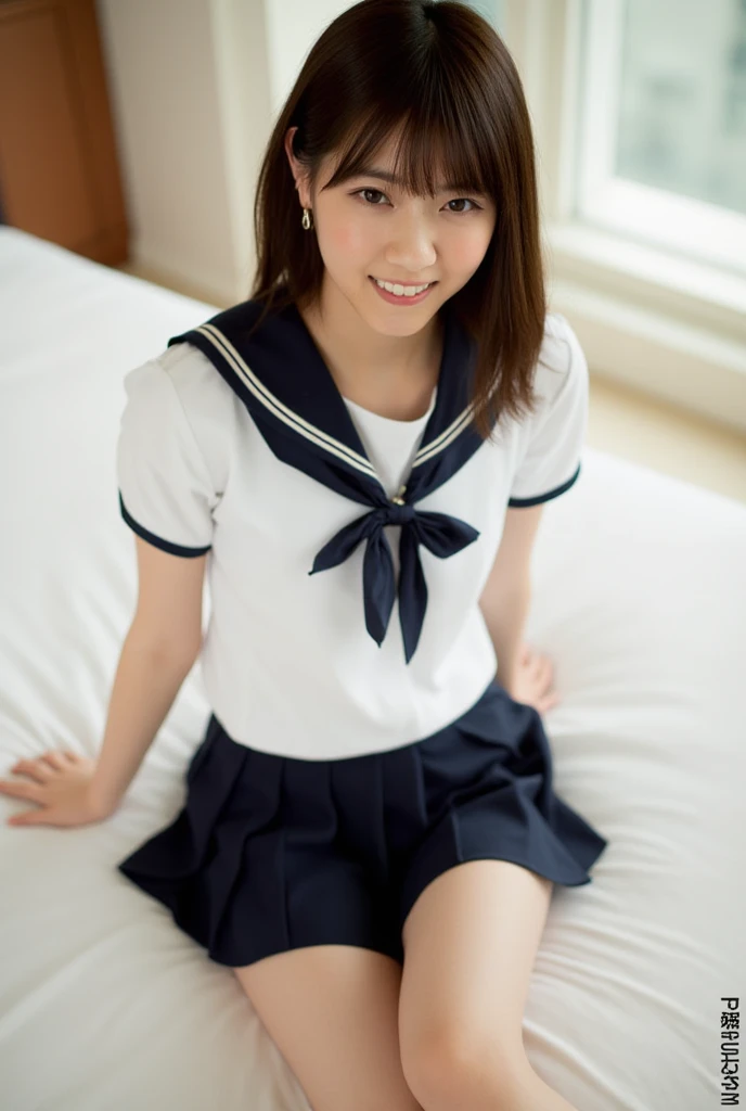 I make one in Japanese school clothes sitting on the floor with my legs open