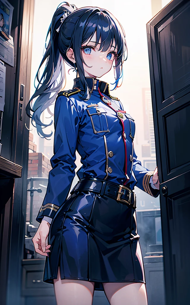 One girl, alone, Laura S.. Alseid (Long dark blue hair, Ponytail and side bangs, Small breasts), (Inspired by the cold steel trail) Exposing panties in uniform, At military school, Embarrassing