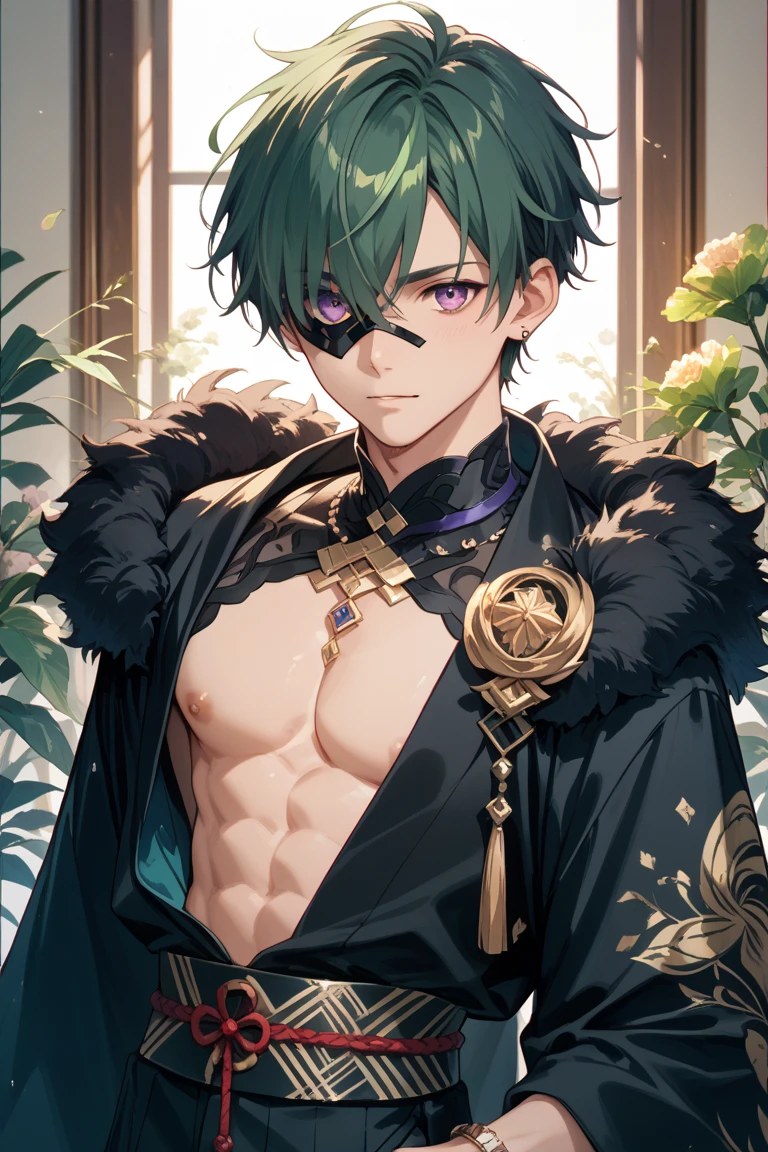 absurdres, highres, ultra detailed, HDR, master piece, best quality, extremely detailed, detailed eyes, Quincy with black hair, messy hair, expressive red eyes, Nu Carnival, solo, sexy man, handsome, horny, lewd, fantasy, accessories, black mage, mage hat, black cape with fur, showing the chest, spring, flowers, green leaves, magical forest, dark fantasy, starry sky, night, crows