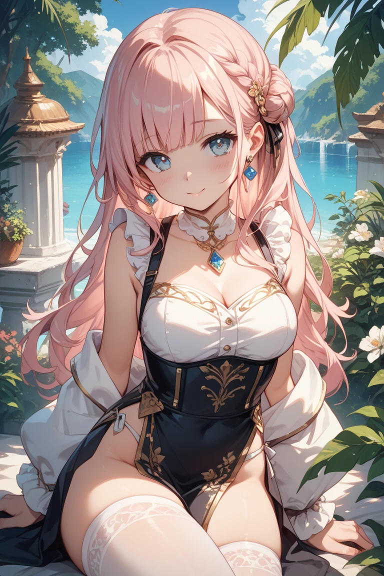 "Extremely detailed CG Unity 8K wallpapers,kanjiro mitsuri,photograph from behind, tight dress, focus on ass, masterpiece,outdoors,charming,best picture quality,Volumetric light,Pink hair,Face turned red,Smile,Off the shoulder dress,Bangs cover one eye,looking at camera
