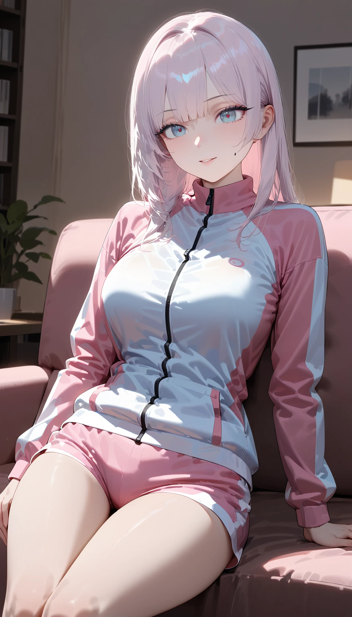 (best quality), ( more), ( best picture ), (masterpiece), detail line art, anime style, vivid color, Beautiful mature Anglo-Saxon adult female, sharp jawline , perfect body ratio, Very small head, very small face, IDEAL PROFIT BODY PROFIT, is in perfect shape, perfect style, Perfect balance, delicate facial features, BEAUTIFUL AND DETAILED WOMAN, VERY DETAILED eyes and face , (light blue eyes, realistic beautiful eyes), realistic beautiful face, slender, Pinkish White Skin, (((long hime cut, light pink hair))), big chest , (Sitting cross-legged on a blue sofa in the living room), (only Pink color full zip up training suit, pink shorts with white trim, white socks ), thighs, When eyes are half closed , v-shaped eyebrows, open mouth, I'm wearing both arms on the back of the sofa. arrogant posture. crazy smile.