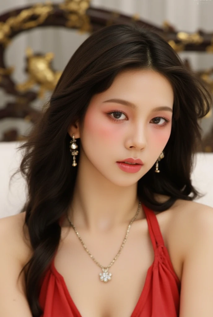 Western-style building, 1 female, Beautiful Japanese actresses, Age 25, Double Eyes,mile, Detailed face, Big earrings,Large Necklace, Flashy makeup using red eyeshadow,light brown delicate middle cut hair,the tips of the hair are wavy,Classy hairstyle,fine grain,Slender actress, Sexy silk embroidered mermaid dress:1.2, Look at her big breasts and cleavage, Sit in a luxurious chair, Hunchback, BREAK ceremony,((masturbate violently:1.5)), ((Random sexy poses、put in、Deep joy, Ecstatic eyes:1.2)), ((I close my eyes and breathe hard:1.2))、Ecstatic face、Climax expression, Through clenched teeth、My whole body is convulsing、Official Art,非常に詳細な CG Unity 8K 壁紙, (masterpiece:1.0),(Highest quality:1.0), photo shoot, 8K, Browsing Caution, High resolution, Kodak Portrait 400, Film Grain, Lens flare brilliance,(Upper Body:1.3), (Leaning forward:1.6), (Very low camera angle:1.6)
