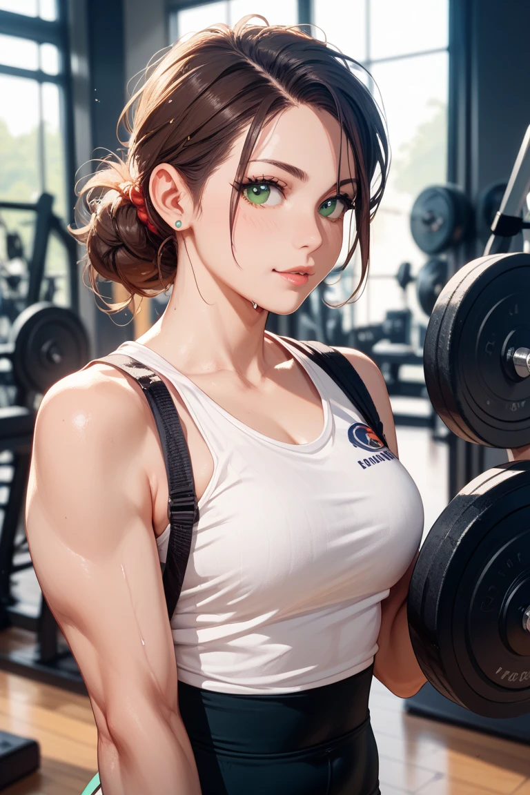 (masterpiece:1.3), (best quality:1.2), (intricate detailed:1.2), (hyperrealistic:1.2), perspective, detailed background, highly detailed, illustration, absurd res, a Korean girl workout gym, gym, poster, milf, mature woman, 1girl, (large breasts:1.2), sexy poses, sweat, shiny skin, perfect hands, detailed fingers, ponytail hair, beautiful detailed eyes, perfect eyes, seductive eyes, brown eyes, (gym outfit:1.2), sports bra, camel toe legging, wristband, looking at the viewer, from front,
<lora:sxz-style-niji:0.4>, nijistyle, <lora:deluster2_v10:-1>
