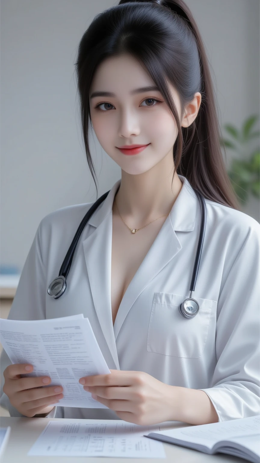 masterpiece:1.2, top quality), realistic, 8K, (real figure, intricate detail, depth of field), (1 girl, solo), full body, scrunchie hair, super big tits, makeup, part lips, stunning detail, perfect face , (skindentation), glossy coral lips, wearing glasses,(wearing a white doctor's coat), standing near a patient, hospital,