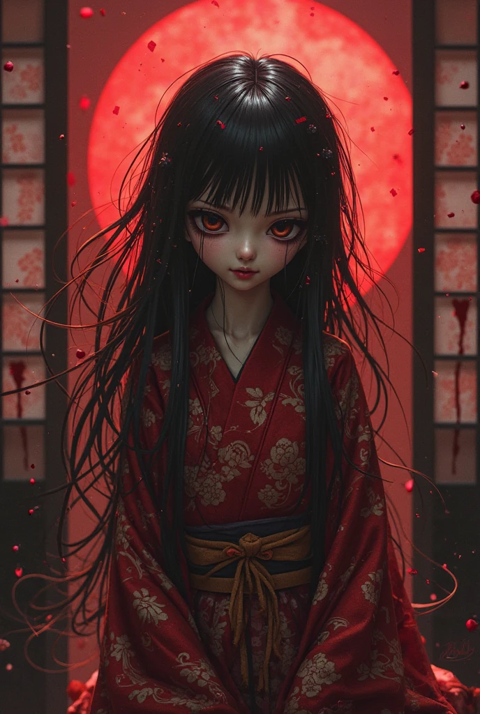 Highest quality、Masterpiece、Highest detail、Japanese Yokai、A lone hell girl floating in the darkness、Bob-haired beautiful girl、Vermilion eyeliner、A simple thin kimono with a red ruffled chest、Glare、Feeling fear、Red moon background、Multiple exposure dense fog