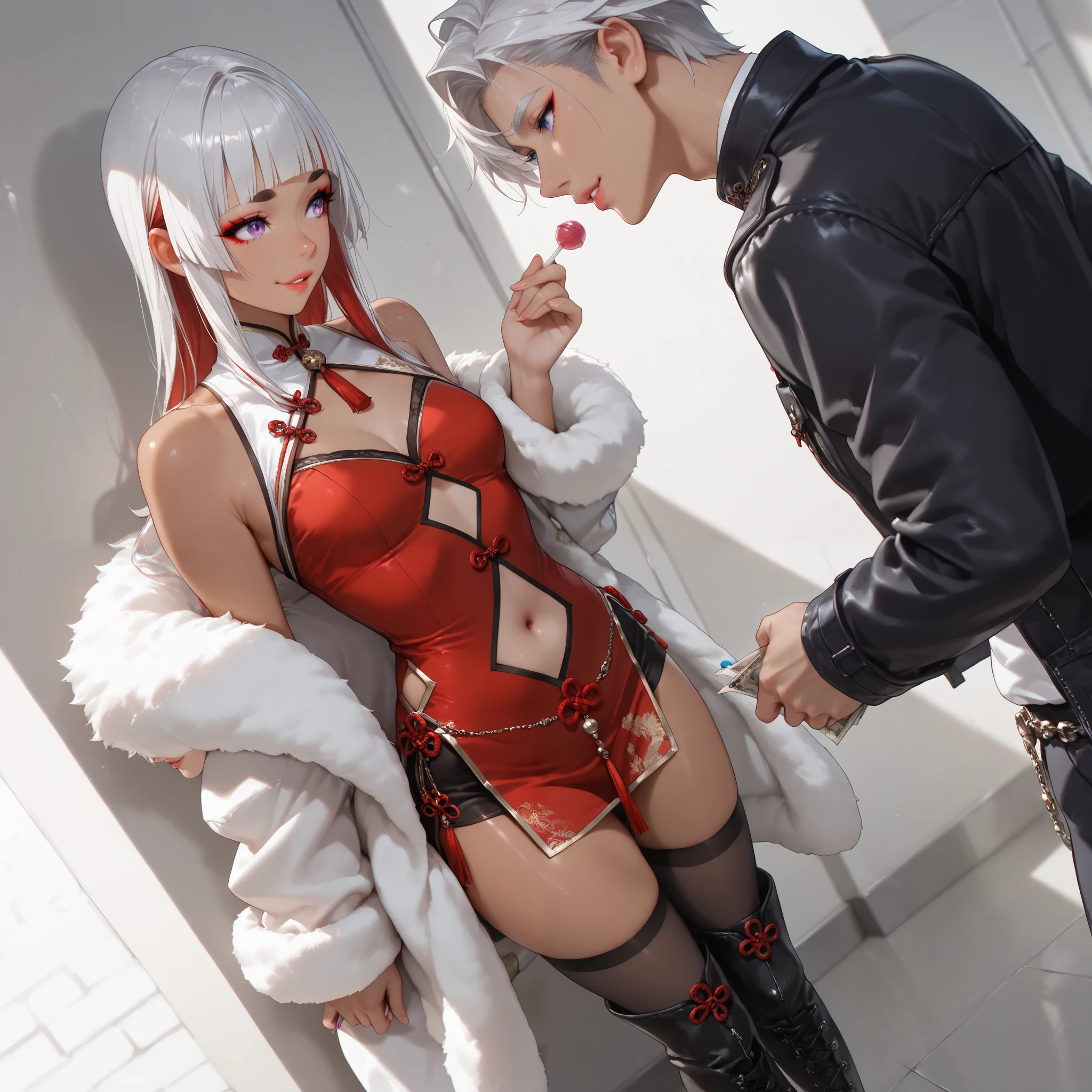 1girl,1boy((1girl,(two-tone hair:1.1),(red hair:1.1),(white hair:1.1)bare shoulders,collarbonea,purple eyes,red eyeshadow,small_breasts,belly_chain_,thick eyebrows,hair_over_eyes,thick eyebrows,puffy lips,adult,eyeliner,, short cheongsam,thighhighs,knee_boots,navel_cutout,chinese knot,hime cut,asymmetric bangs,long_eyelashes,lipstick,eyeshadow,fur-trimmed_coat,jacket_partially_removed,))full_shot,wide_shot,mid_shot,eye-contact,depth of field,chromatic_aberration,from behind,reflective_eyes, full_shot,wide_shot,eye-contact,depth of field,chromatic_aberration,from behind,dynamic_angle,dutch angle,cinematic_angle(1boy,white shirt,(slender,)combat_boots,pants, ,tan(,silver hair,)(blue eyes,) giving her alot of cash,dick buldge )(1girl,leaning against a wall with ,seductive_smile,parted lips,holding lollipop, )offering money