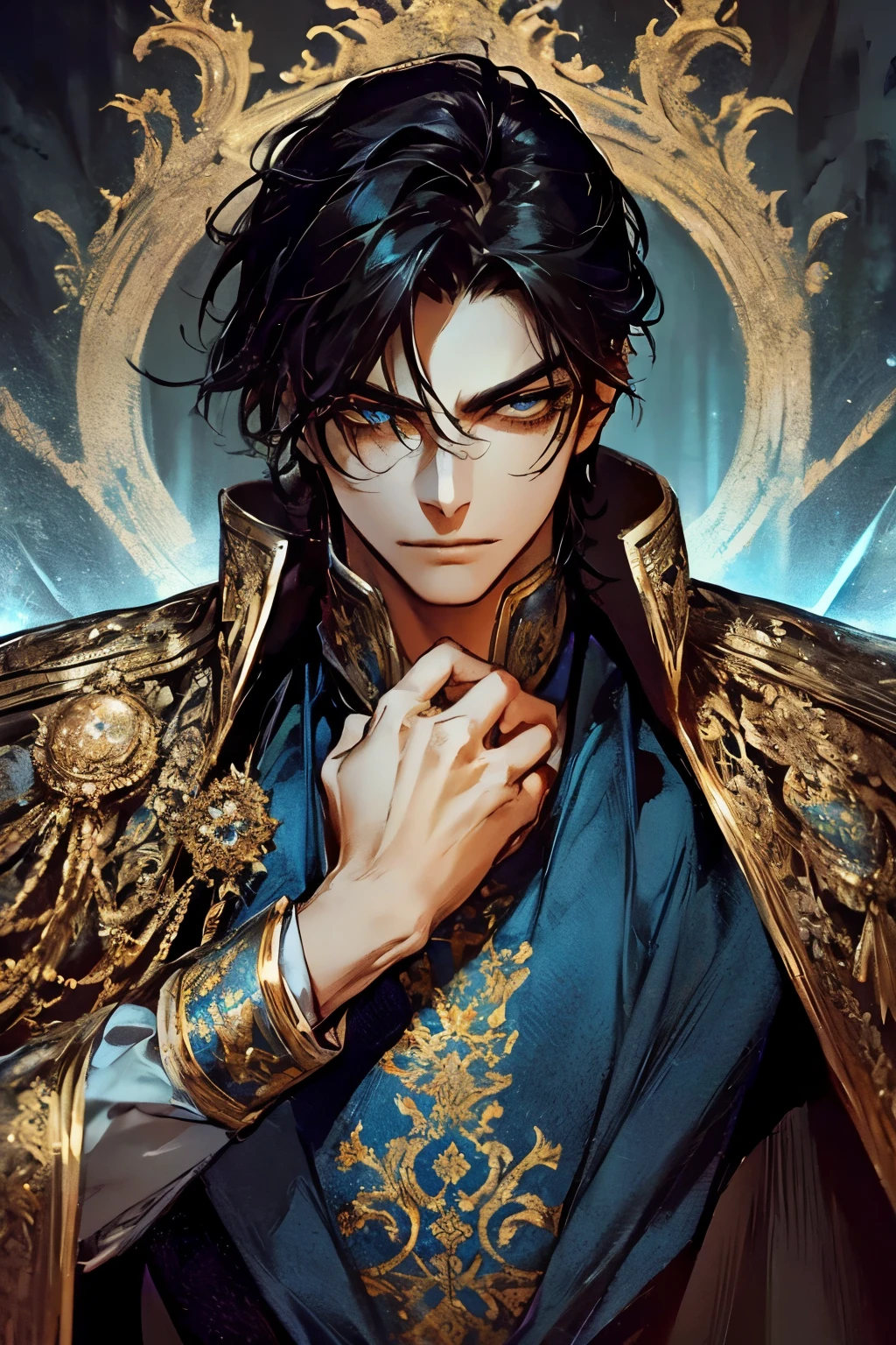 handsome king, royal outfit, dark blue and gold, black hair, sharp blue eyes, majestic, serious expression, cold gaze, luxury palace background, sword, cape, high detail, fantasy illustration