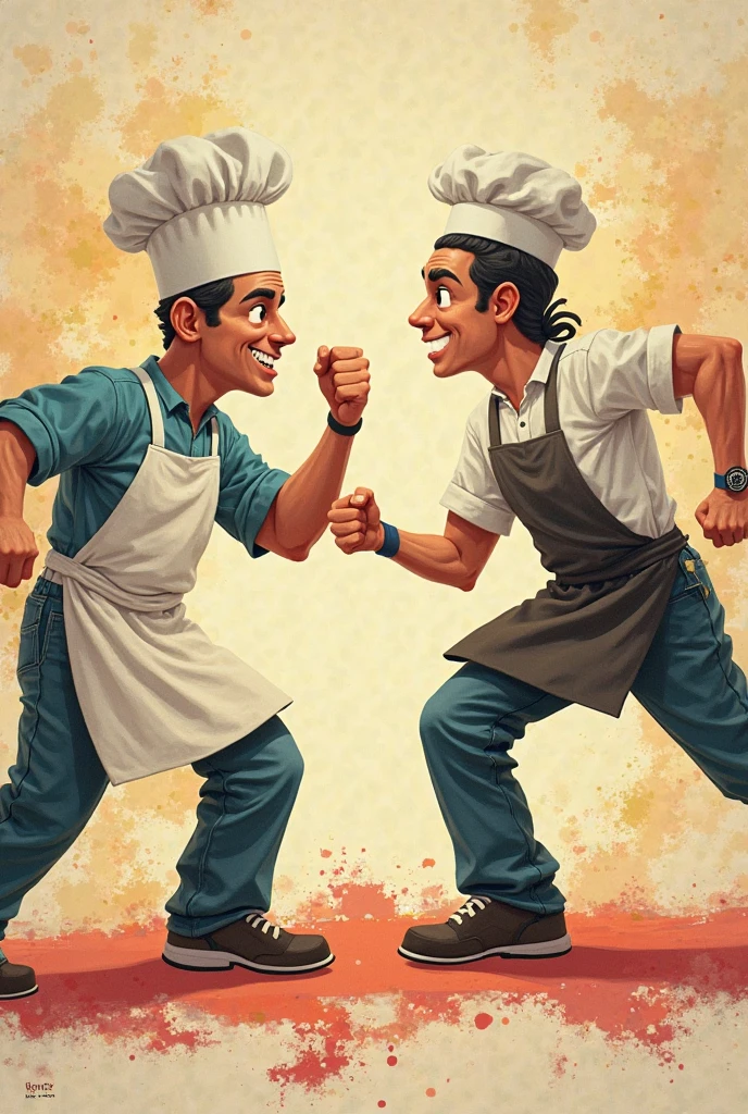 Imagine the two characters, one resembling Dwayne Johnson and the other resembling John Cena, having a mock wrestling showdown—but instead of being in a ring, they’re in a kitchen! Both are wearing chef hats and aprons that barely fit their massive frames. Dwayne’s character is holding a frying pan in a menacing but playful way, while John’s character is wielding a giant whisk like a sword. Their expressions are overly dramatic, as if they’re about to engage in an epic culinary battle.
Would you like me to generate this image, or do you have any other specific details you’d like to add? Comical Muscles: Imagine a character with exaggeratedly large muscles, even more so than Dwayne Johnson’s, but in a lighthearted, cartoonish way. The character could be struggling to fit through a regular-sized door.Hawaiian Outfit: A character resembling Dwayne Johnson could be dressed in an over-the-top Hawaiian outfit, complete with a floral lei and a grass skirt, while attempting to surf on a tiny, comically small surfboard.Tiny Chef Hat: Picture the character wearing a tiny chef's hat on his huge head, trying to cook in a kitchen that's too small for him, with oversized utensils.Tutu and Ballet Pose: Imagine the character in a pink tutu, striking an elegant ballet pose, but with a confused or exaggeratedly serious expression on his