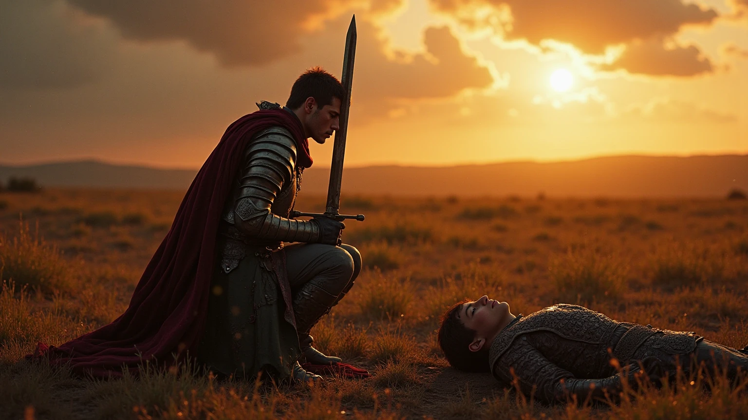 A highly realistic, high-contrast, 8K HD, detailed, hyper-detailed scene where the knight from the provided image, wearing steel armor with a red cross on his tunic, is kneeling beside a fallen comrade on the battlefield at night. The atmosphere is somber and heavy with the weight of loss, as the knight shows respect and sorrow for his fallen companion. The battlefield around them is dimly lit by the faint light of the moon and stars, with the chaotic aftermath of battle still visible in the background. The dramatic lighting highlights the detailed armor and the raw emotion of the moment, emphasizing the deep bond and sacrifice of these warriors. The image is of the highest quality, with ultra-high resolution, RAW photo quality, and Unreal Engine rendering, capturing the profound and solemn moment under the night sky.