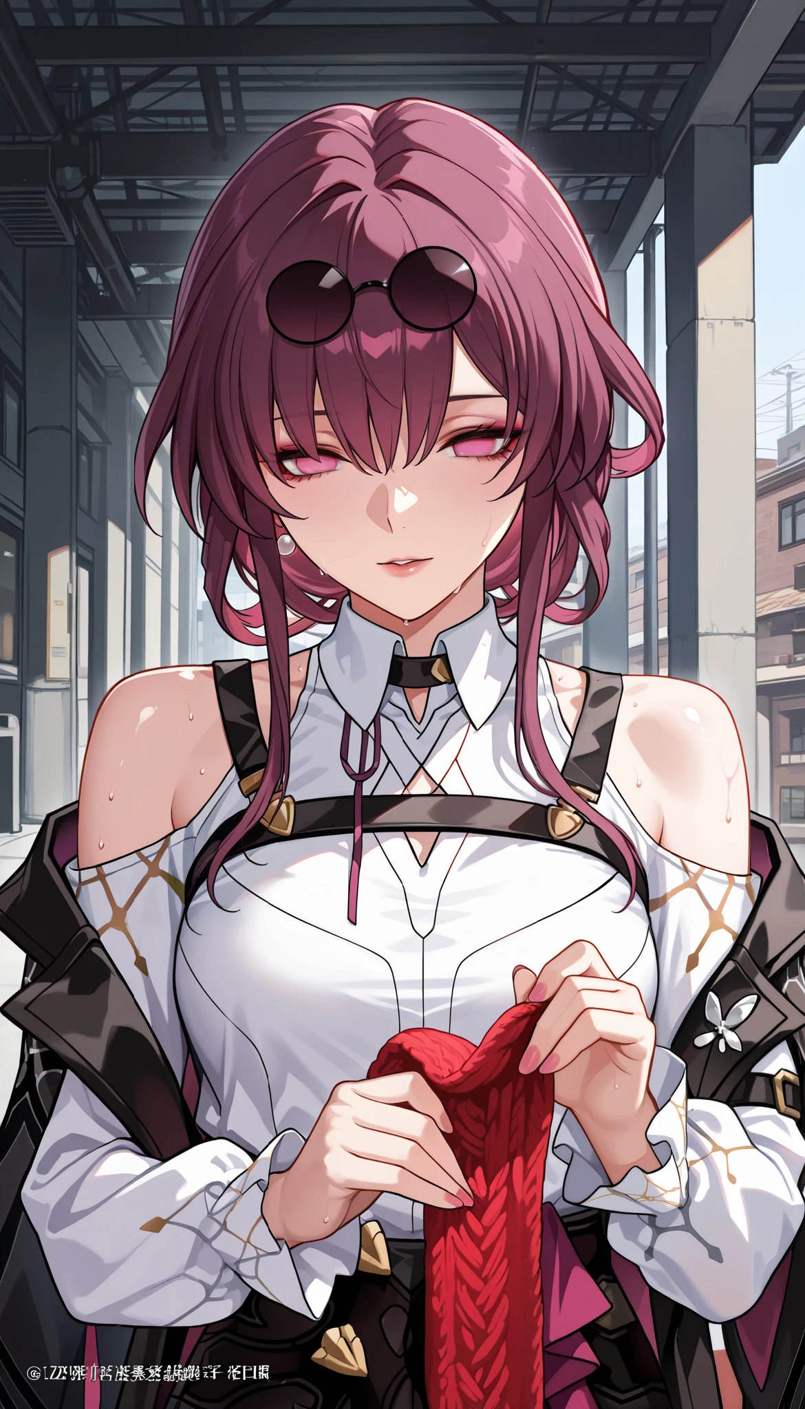 ntr, masterpiece, Adultery, score_9, score_8_up, score_7_up, score_6_superior, source_anime, rating:general, 1 girl, beautiful woman, perfect body, sunburned skin, curvilinear, mature, very small breasts, sweaty, makeup, ( Super Precise Eyes:1.1), Gothic PXL, close one eye, villages with, black coat, viewers, place your hands on your hips,Red Eyes, shiny skin, clavicle, floral print, upper body, lips,bare shoulder, long hair, hair ornament, Chest, popular black coat, knitting glasses, Industrial Park, nail, , hair clip, open your mouth,single knitting glasses, masterpiece, 最high quality, high image quality, newest, ing, zPDXL3, detailxl, score_PnyReal, burgundy hair, Kafka \(honkai star rail with the same leg color\), 8k, high quality, wallpaper