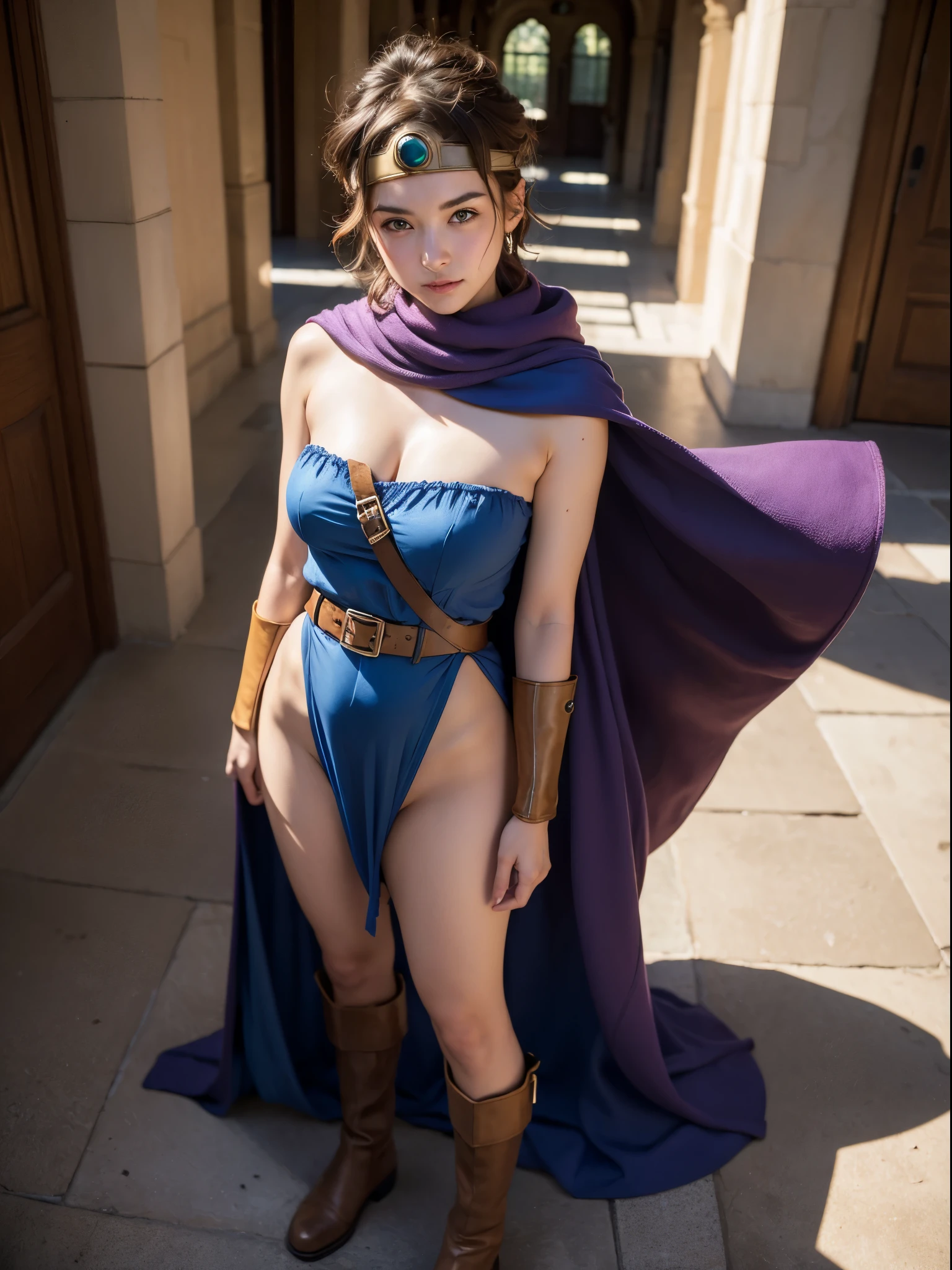 ((Masterpiece:1.4)), (high resolution:1.4), (standing), (from behind:1.5), 1girl:1.5, solo, outside, roto (dq3), 1girl, solo, short hair, brown hair, blue eyes, circlet, large breasts, cleavage, strapless, blue dress, purple cape, thighhighs, elbow gloves, boots, belt, scabbard, knee boots, beautifull smile, beautiful face, highly detailed face, higly detailed eyes, highly detailed skin, skin pores, realistic pupils, full face blush, full lips, (perfect anatomy:1.1), (perfect proportions:1.1), (photography:1.1), (photorealistic:1.1), volumetric lighting, dynamic lighting, real shadows, (highres:1.1), sharp focus, daylight, (realistic, hyperrealistic:1.4), intricate, high detail, dramatic, subsurface scattering, big depth of field, vivid, polished, sharpened, ((full Sharp)), (extremely absurdres),16k hdr,
