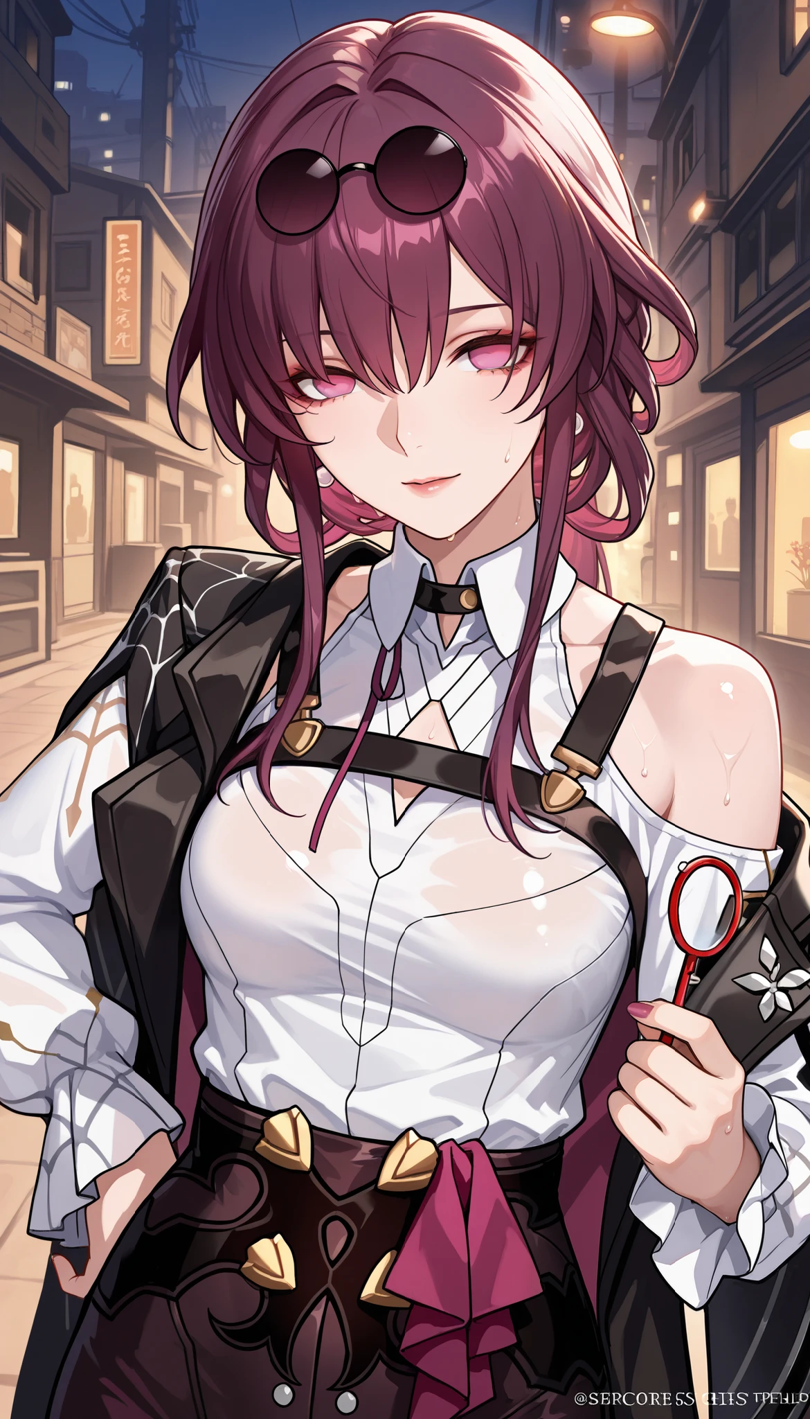 ntr, masterpiece, Adultery, score_9, score_8_up, score_7_up, score_6_superior, source_anime, rating:general, 1 girl, beautiful woman, perfect body, sunburned skin, curvilinear, mature, very small breasts, sweaty, makeup, ( Super Precise Eyes:1.1), Gothic PXL, close one eye, villages with, black coat, viewers, place your hands on your hips,Red Eyes,  shiny skin, clavicle, floral print, upper body, lips,bare shoulder, long hair, hair ornament, Chest,   popular black coat, knitting glasses,  Industrial Park, nail, , hair clip, open your mouth,single knitting glasses, masterpiece, 最high quality, high image quality, newest, ing, zPDXL3, detailxl,  score_PnyReal, burgundy hair,  Kafka \(honkai star rail with the same leg color\), 8k, high quality, wallpaper