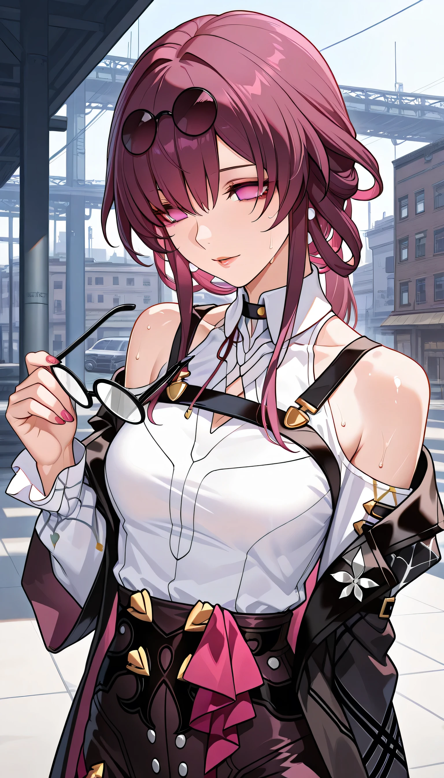 ntr, masterpiece, Adultery, score_9, score_8_up, score_7_up, score_6_superior, source_anime, rating:general, 1 girl, beautiful woman, perfect body, sunburned skin, curvilinear, mature, very small breasts, sweaty, makeup, ( Super Precise Eyes:1.1), Gothic PXL, close one eye, villages with, black coat, viewers, place your hands on your hips,Red Eyes, shiny skin, clavicle, floral print, upper body, lips,bare shoulder, long hair, hair ornament, Chest, popular black coat, knitting glasses, Industrial Park, nail, , hair clip, open your mouth,single knitting glasses, masterpiece, 最high quality, high image quality, newest, ing, zPDXL3, detailxl, score_PnyReal, burgundy hair, Kafka \(honkai star rail with the same leg color\), 8k, high quality, wallpaper
