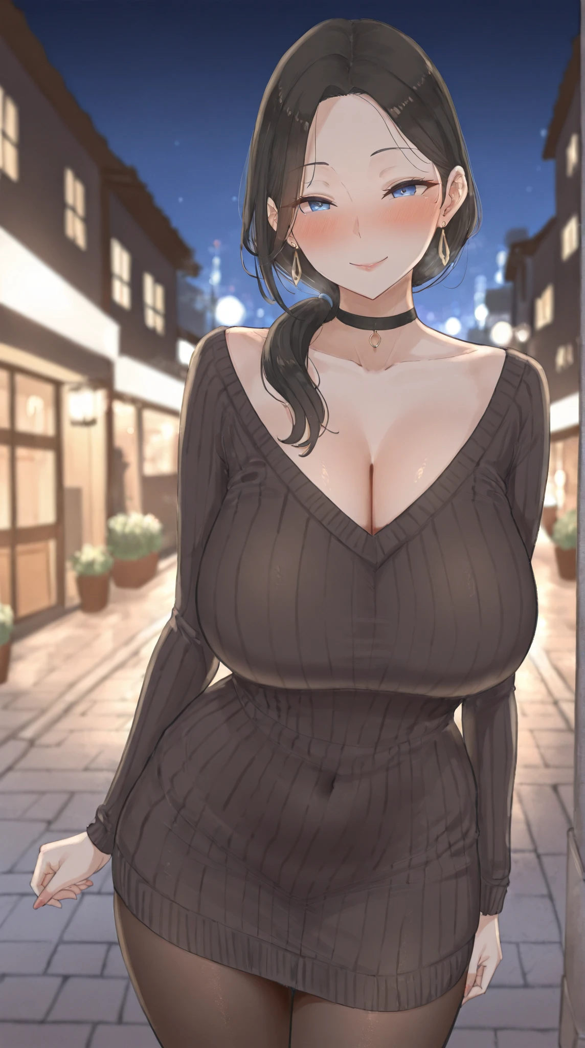 score_9, score_8_up, score_7_up, score_6_up, score_5_up, score_4_up, yu hee, brown eyes, black hair, long hair, large breasts, mature woman,  1girl, long_hair,  blush, sweat, purple_eyes, brown_hair, collarbone, lips, purple_hair, smile, solo, wet, heavy breathing, dress, dress tug, jewelry, high heels, cleavage, night, city, outdoors, bag, holding bag, black dress, 