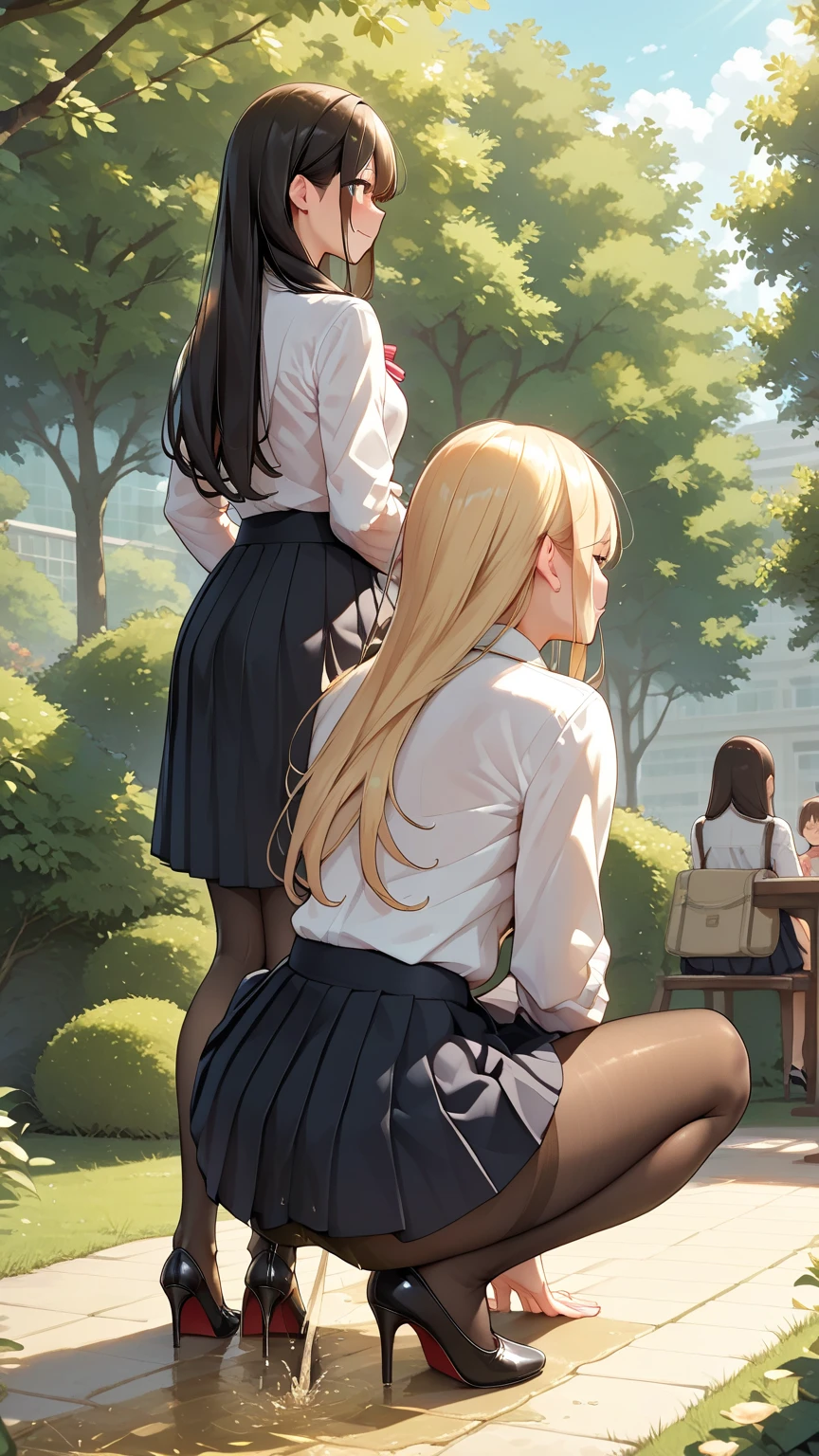 nsfw,suzune horikita,forest,Under the tree,Show the whole body,front,from the front,uniform,Red blazer,Hair ribbon, black knee-high socks,(Pee,Urinating,squat),((女genital,genital,))