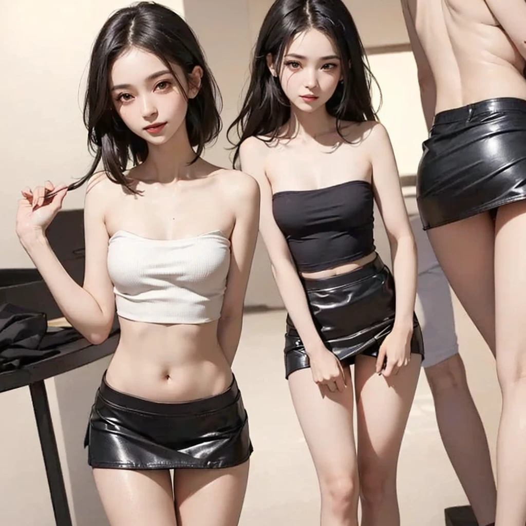 (((2 girls,Duo,Petting the))),Clear black camisole vest、Slim 10 year old Japanese girl、Exposing armpits、(full body seen:1.3)、(Frame from head to toe:1.3)、
