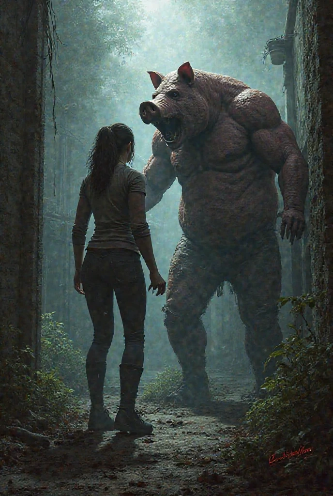 Comic style, Three quarter view, monster, bear body, four human arms, claws, five horns on the head, magical aura surrounding the beast's body, attacking village, people running, night environment, dark colors, high resolution, fullHD definition