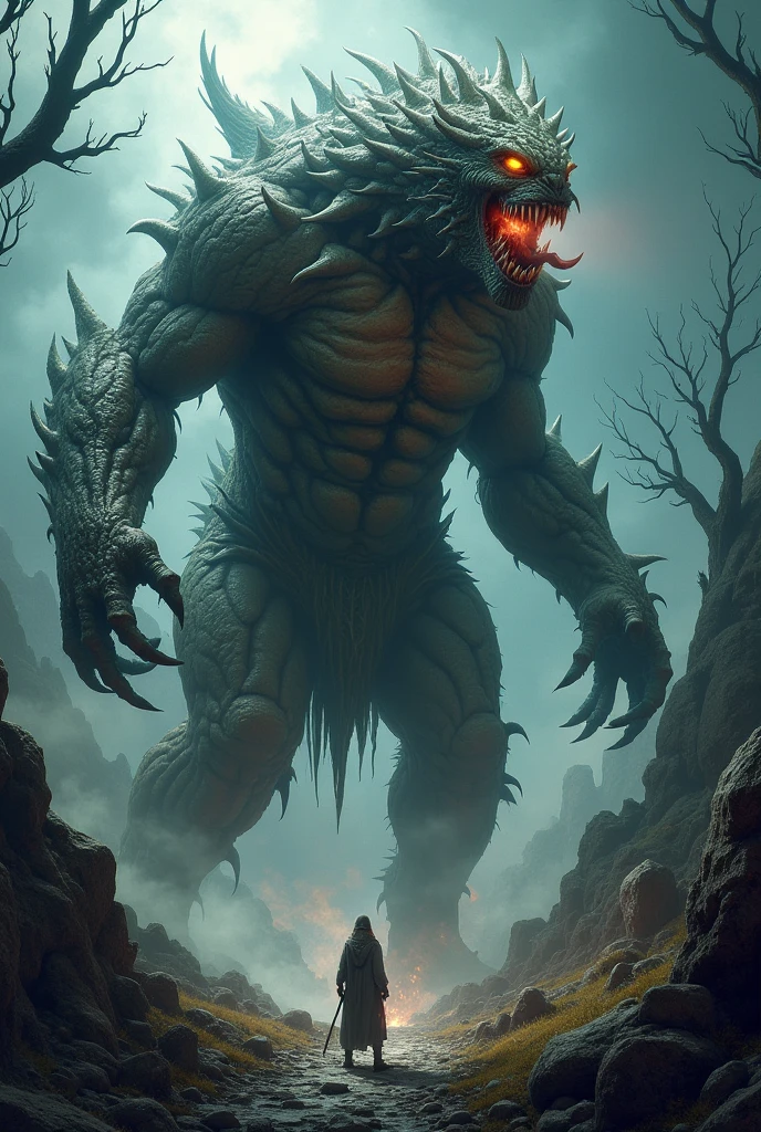 A very detailed painting，Depicts a man　have a weapon on a hill gazing at a giant alien monster lightning breath, author：Shinkai Makoto, By Art Jem, From Wlop, author：Greg Rutkowski, Volumetric Lighting, Octane Rendering, 4K resolution, Popular on artstation, masterpiece ,lightning magic