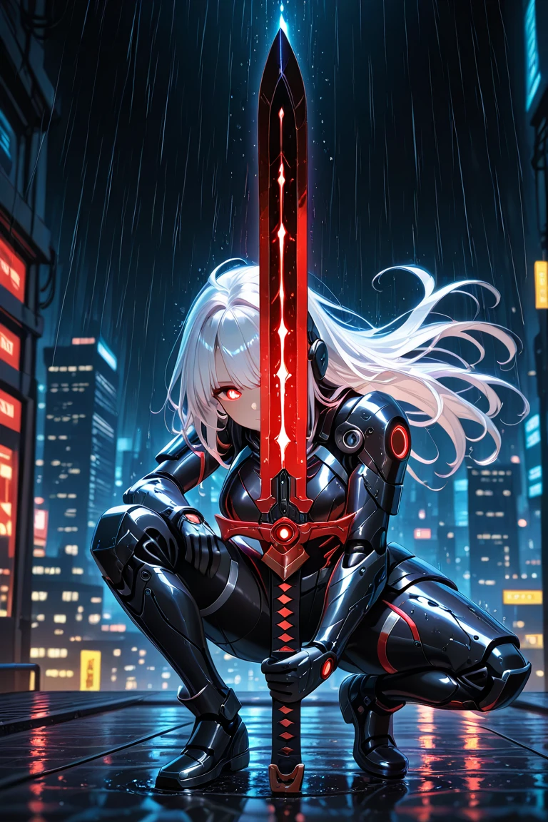 "A young, beautiful woman with long, silver hair flowing down her back, dressed in a sleek, black tactical suit that accentuates her athletic build. She has a striking scar over her left eye, which glows with a faint red hue, hinting at her mysterious past. In one hand, she wields a gleaming katana with a futuristic design, its blade reflecting the neon lights of the dystopian city around her. Her pose is both powerful and sensual, standing confidently atop a rooftop, ready to leap into action. The background shows a sprawling, cyberpunk cityscape with towering skyscrapers, neon signs, and a dark, stormy sky. The atmosphere is tense and filled with a sense of impending danger."