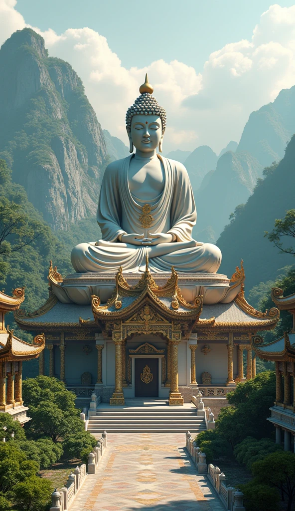 (A group of pilgrims on the way:1.5), In the distance is a huge tall Buddha statue in the mountains,Covered in moss, Peaceful face,Stoic face, a Buddhist Buddha, Buddhism, Buddha, Buddhist, The rising sun shines golden in the sky,The holy light shines on the Buddha statue,Zen temple background,Verism, En plein air, Cinematic lighting, stereograms, Masterpiece, hyper HD, Best quality