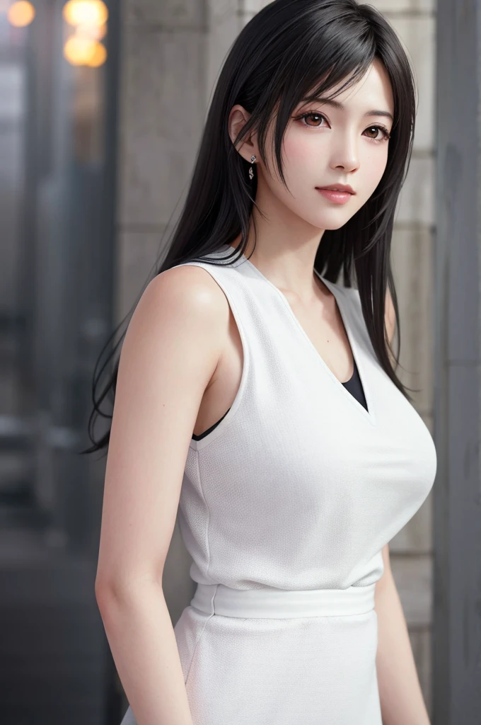 A picture of long black hair、Drawing of woman in white shirt, side breasts, Heavy gesture style closeup, Flat anime style shadow, full body illustration, Extra details, Clean and detailed anime style, Wear a white vest, wearing a vest, Thick border line