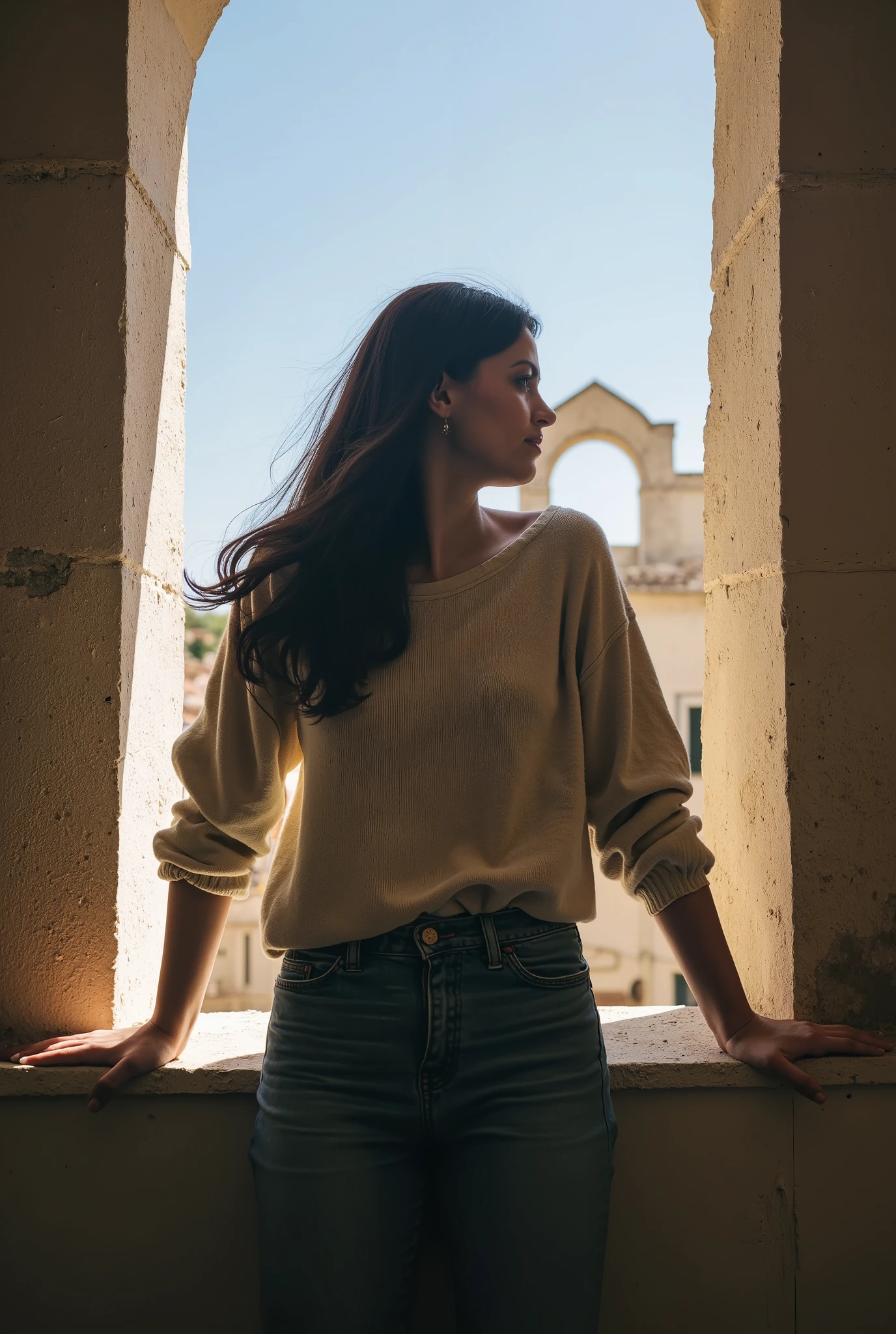 Photo from indoor. extreme low angle view of a window in a house in Sassi di Matera. A woman looking out the window. Elbows on the windowsill, view from behind, long dark brown hair, a beige cotton sweater, she wears jeans. She sighs wistfully. The shot frames a house outside the window. Framing of the house outside.Photographic shot, lens flare and backlit effect. Clear sky