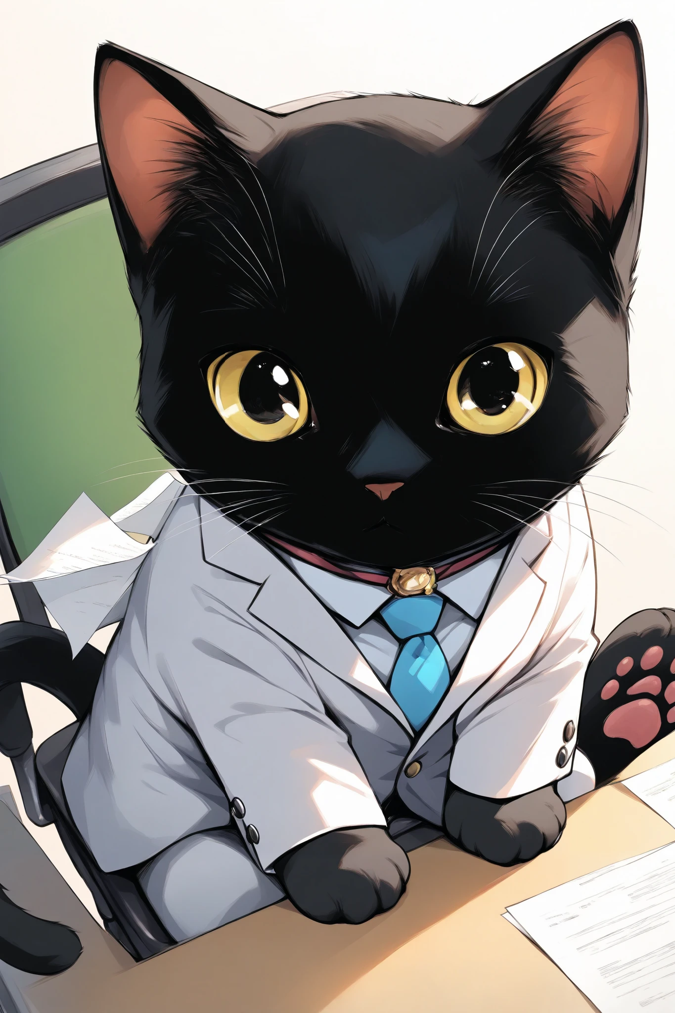 This is a world where there are no humans and only cats, and there are cats who work in suits, sitting on a chair and stamping papers on the desk with paw pads