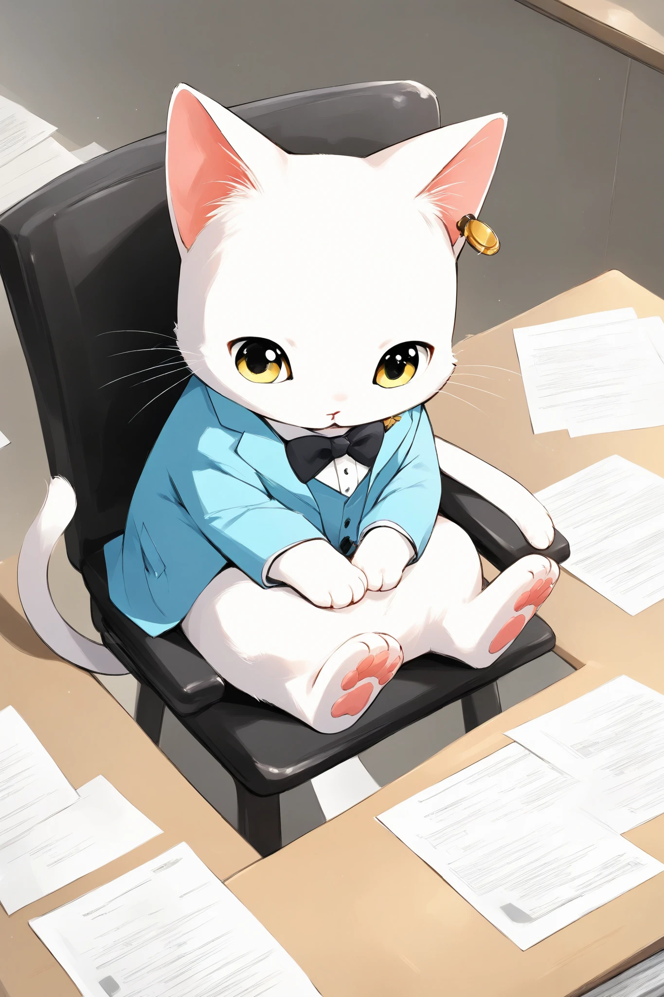 This is a world where there are no humans and only cats, and there are cats who work in suits, sitting on a chair and stamping papers on the desk with paw pads