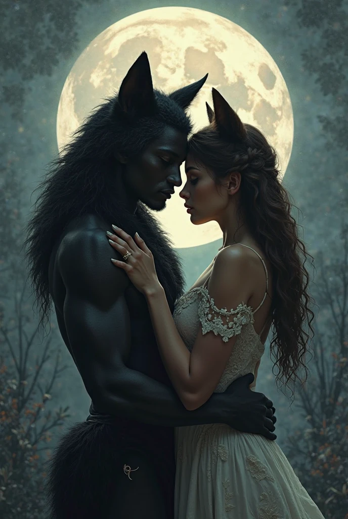 (beast embracing beauty:1.2),(dramatic lighting, perfect composition, high contrast),mystery, fantasy, fear and affection intertwined, dark background, emotional impact, high saturation, chiaroscuro
