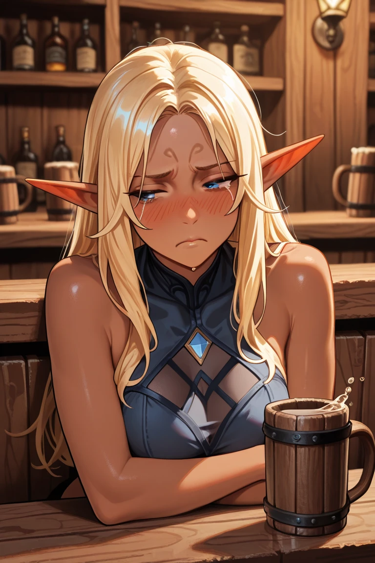 looking_at_viewer, elf, blonde hair, armpit hair, hairy armpits, armpits, hairy, long hair, steaming body, steam, smell, blush, breath, heavy breathing, blurry background, masterpiece, high quality, large eyes, looking at viewer, hot, steamy, sensual face, smile, blonde armpit hair, backlighting, legs, pointy ears, solo, 1girl, large breasts, choker, standing, vibrant colors, softglow, topless, nipples, short shorts, leather shorts, belt, clean lines, god rays, raytracing, 4k, high quality, perfect face, perfect hands, eye highlights, navel, fantasy village, trees, sunlight, thigh high boots, boots, skindentation, leg skindentation, tiara, elf princess, spoken heart, pov, pov dating, pov across table, table, dining room, window,