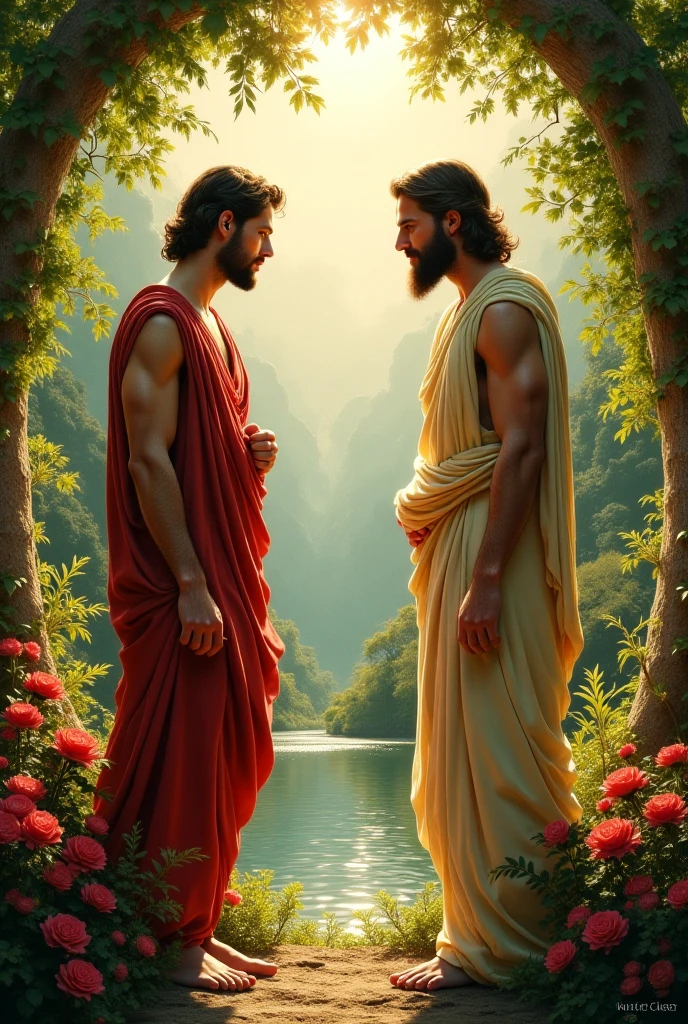 A male stoic philosopher with a well-proportioned and attractive physique, not excessively muscular. He is wearing classic tunics, slightly transparent, that gently drape over his body, subtly revealing parts of his shoulder, with a very short and well-groomed beard, and wavy, well-stylized hair. The philosopher is standing in front of a reflective surface, such as a mirror, with his own reflection staring back at him. Both the philosopher and his reflection share the same determined expression, symbolizing the act of confronting uncomfortable truths head-on. The scene is set in a vibrant, impressionist landscape with rich colors and dynamic brushstrokes, creating a sense of movement and emotion. The background has a subtle texture that adds depth but complements the text without overpowering it.