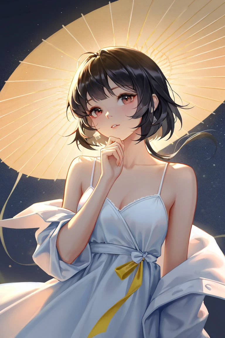 masterpiece, Upper body shot, An attractive 10 year old petit little loli:1.3、independent、look forward to、Light eye makeup、Brown bob-cut Hair、short Hair blowing in the wind、Quality of actress、Shiny, Ultra-realistic cute face、smile、anime style big eye、look up、Pleasant lighting effects、 Ultra-Realistic Capture、Very detailed、High resolution 16k human skin closeup, Skin texture must be natural、Must be so detailed that pores are visible、white glowing skin is healthy、It must be in the style of dress 、Use natural light and color、High quality photos taken by modeling agencies, Exclusive photographer、smile, Loose-fitting, lightweight white dress , Shoulder out, Very good, No sleeve, large breasts , high beams, cute childish Body, pretty infant:1.3