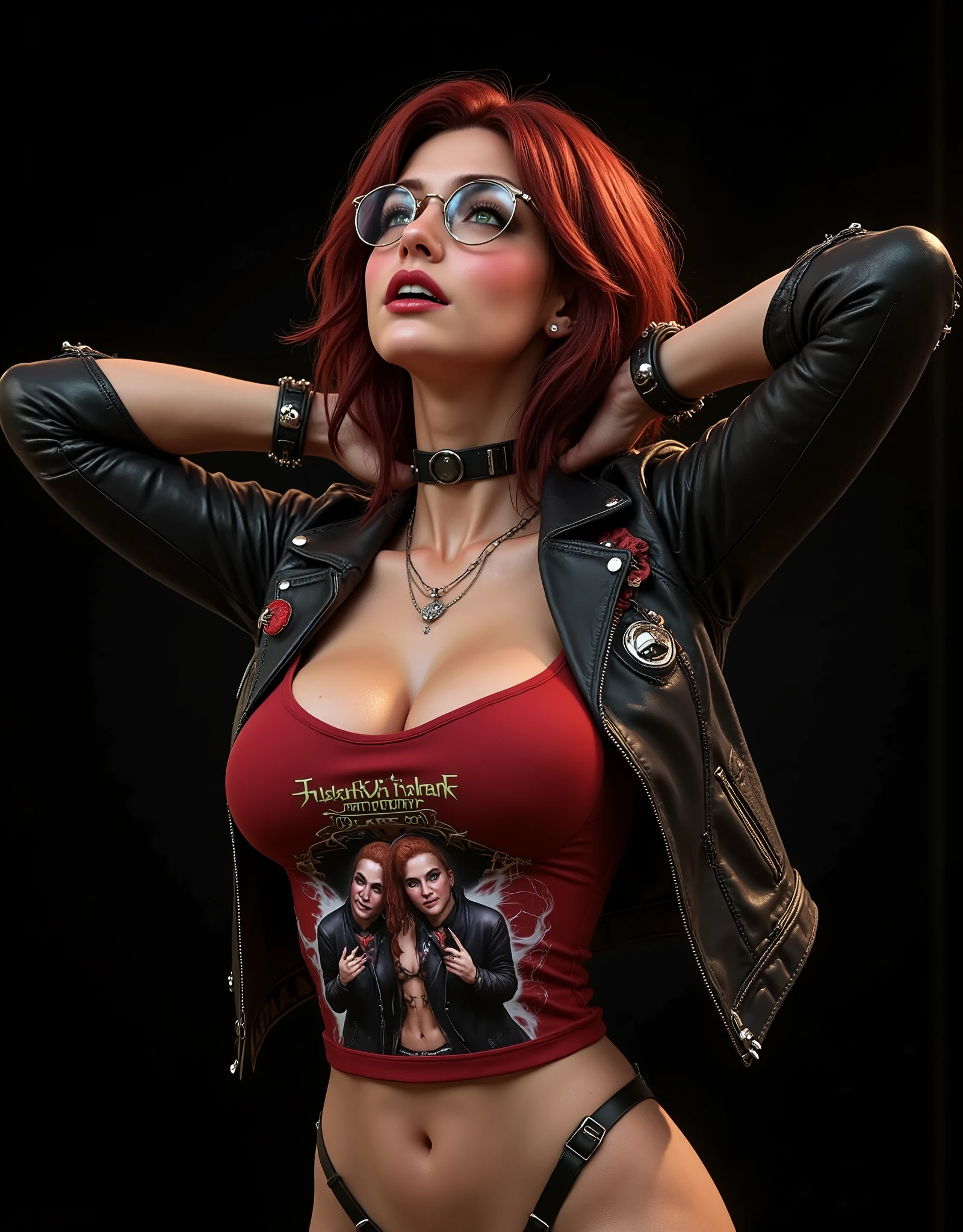 ((artwork, highest quality, highest image quality, high resolution, photorealistic, CRU photo, 8k)), (best quality, 4k, high resolution, masterpiece: 1.2), ultra detailed, (realistic, photorealistic: 1.37), ray traced. Best quality, masterpiece, pure black background image. (photorealistic: 1.4, extremely intricate: 1.3), (photon mapping, radiosity, physically based rendering, ultra resolution, hyperrealistic, photorealistic: 1.4, hyperrealistic, 8k), Notice: ((artwork, highest quality, highest image quality, high resolution, photorealistic, CRU photo, 8k)),(best quality, 4k, high resolution, masterpiece: 1.2), ultra detailed, (realistic, photorealistic: 1.37), ray traced. Best quality, masterpiece, pure black background image. ((artwork, highest quality, highest image quality, high resolution, photorealistic, CRU photo, 8k)), (best quality, 4k, high resolution, masterpiece: 1.2), ultra detailed, (realistic, photorealistic: 1.37), ray traced. Best quality, masterpiece, pure black background image. Pure black image background ideal for wallpaper. Full image of a very pretty girl of 30 years old, fiery red hair, waist length, curly and beautiful, her curls fall on her chest, she is wearing red headphones and is listening to music, enjoying the music and smiling amused, with both hands behind her head to further enhance her fun, highly detailed red headphones, cheeky and highly detailed dark green eyes, long eyelashes, light makeup, full, wet, half-open lips, thin, delicate necklace on her neck. Girl wearing reading glasses, metal-framed glasses. Very beautiful and sexy girl, very sexually desirable, beautiful body, low angle front view. She is wearing a worn black leather jacket with heavy metal music group patches, with the zipper open she shows her body, red t-shirt with heavy metal group image, spiked wristbands, skull rings. She looks at the camera with a very funny smile. Dynamic pose. Chiaroscuro, cinematic lighting, Fujicolor, UHD, Retina. Masterpiece. Accurate