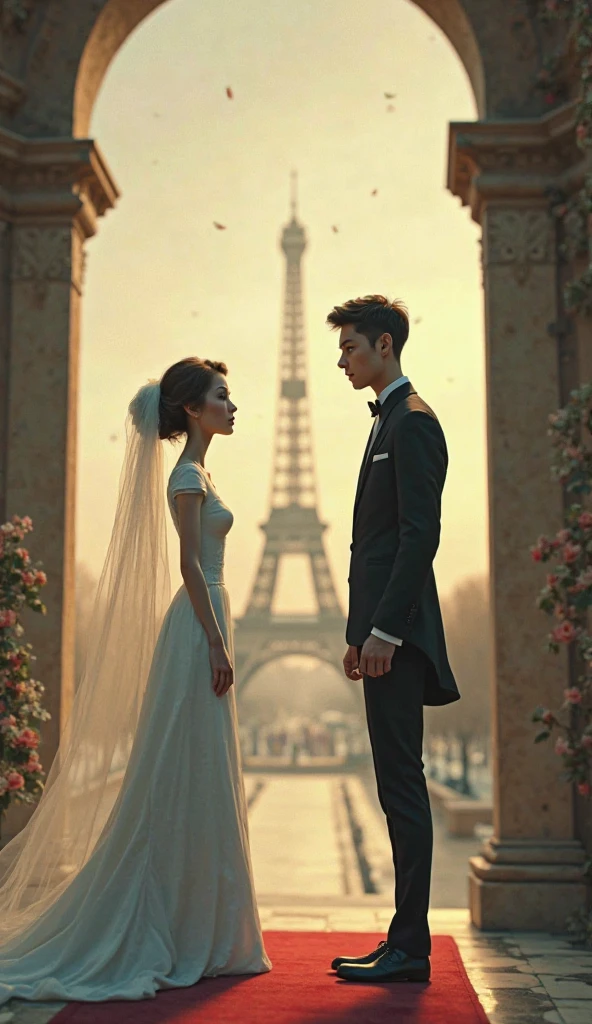 professional wedding photography, (masterpiece), (intricate details), (photorealistic:1.3), (film grain:1.3), (perfect anatomy:1.3), [:(intricate details), (detailed skin), (detailed face):0.2], epiCRealism, In Paris, France, in front of the Eiffel Tower, BREAK, Korean, (man and woman couple), a romantic photoshoot with a couple wearing elegant outfits and holding hands or kissing, nice hands, perfect hands,