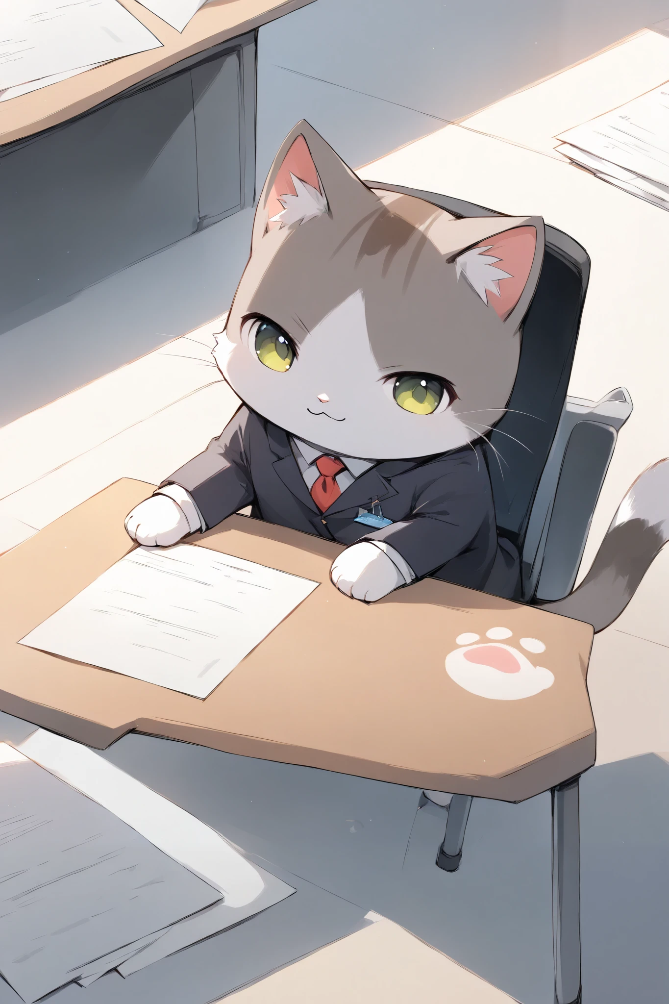 This is a world where there are no humans and only cats, and there are cats who work in suits, sitting on a chair and stamping papers on the desk with paw pads