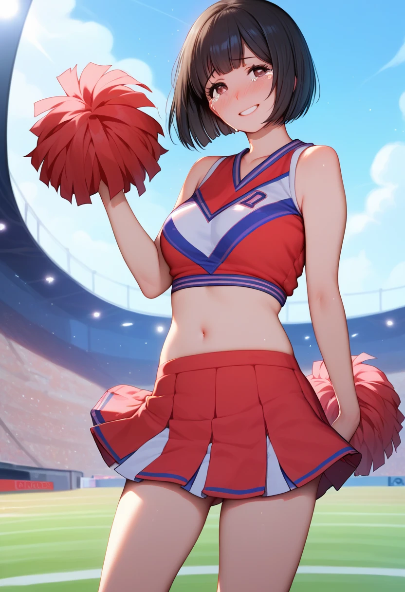 best quality, 1girl, masterpiece ultra detailed, illustration, yang guifei, glossy lips, blush, lips parted, (cheerleader), midriff, short hair, school field, twintails, standing, looking back at viewer