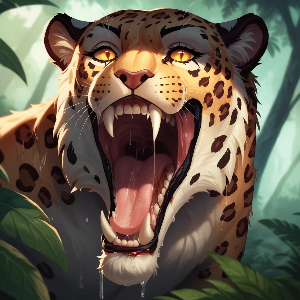 lion with green eyes and green tongue with orange mane and shags on his mane roaring showing his sharp teeth in the middle of a tropical jungle with foliage and many colorful flowers around him, warm colors, close-up of the front
