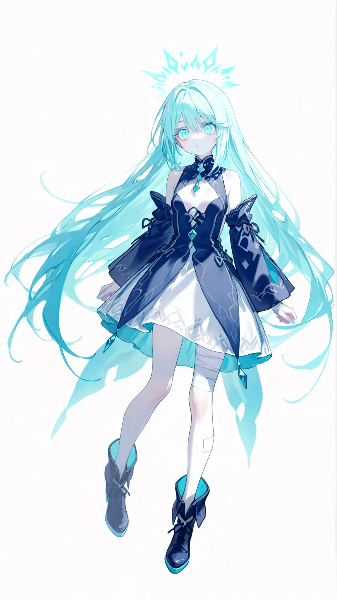 masterpiece、completely complete、super quality、top quality、 mysterious 、no expression、cool、 beauty、delicate、very long hair、hanging eye、sharp eyed、straight hair、long hair、anime-style、(( aqua blue hair :1.5))、((Aqua blue eyes:1.5))、bungs、Pure White Skin、original character、intricate design、Unique Design、long eyelashes、full bodyの描画、request、Possible Adoption、full body、background、((白いbackground:1.5))、full body、Pure White Skin、background無地、backgroundなし、characters only、 dull colors 、 tattered clothes、Undead、bandage、足に巻いたbandage、腕に巻いたbandage、Navy blue clothes。