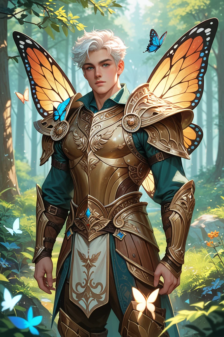 Beautiful male male fairy outfit, long clothes, full body, with orange and gold details, large wings, with butterflies flying through the nose, branches of plants rising up the cheekbones, delicacy, beauty, full body, lush vegetation blurred background, vibrant colors, lush light, soft light, sunset light, smooth light, symmetrical, full body, reflections, dynamic HDR lighting, 8k resolution,  cinematic film, smooth, sharp focus, realistic, strobe light beams, ((blurred background)):1.7, (((depth of field)) ):1.8, cinestill 800t 35mm, high quality, heavy grain, high detail, cinematic composition, dramatic light, anamorphic, ultra wide lens, hyperrealistic