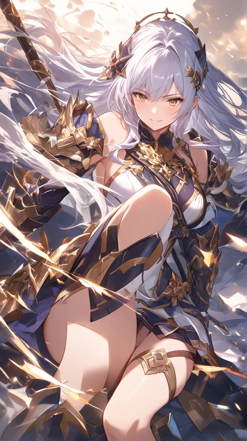 ((masterpiece,Highest quality,Highest quality,figure,Intricate details)),One girl,smile, armor,Silver Hair,ponytail,
night,Starry Sky, Depth of written boundary, Outdoor,night、Demon Girl、god々Shii