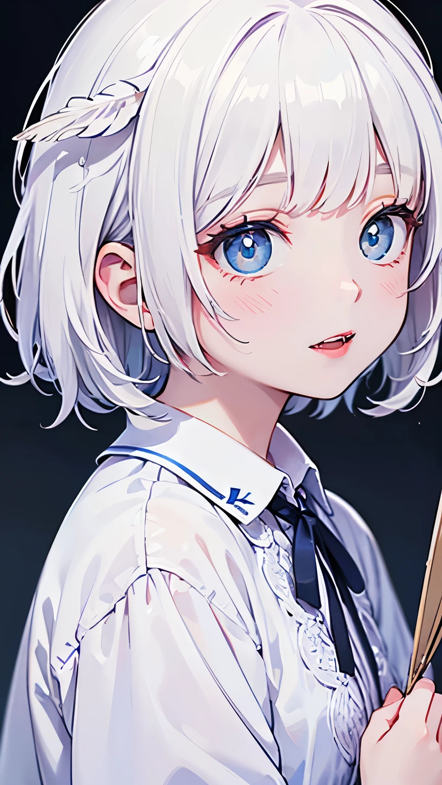 ((RAW photos),absurdity of feather,(absurdity of feather分辨率)), masterpiece,Best Quality,(extremely detailed 8k unity CG wallpaper),( BEST ILLUSTRATION ),(best shade),Realistic Lighting,beautiful and detailed brilliance,((21 years old)), girl,White hair,blue pupils with different shades,Fangs,cute,There are bangs on both sides of the forehead, blue and white clothes ,Comes with a ribbon, Red lipstick ,(((Her Photographic Perspective)))