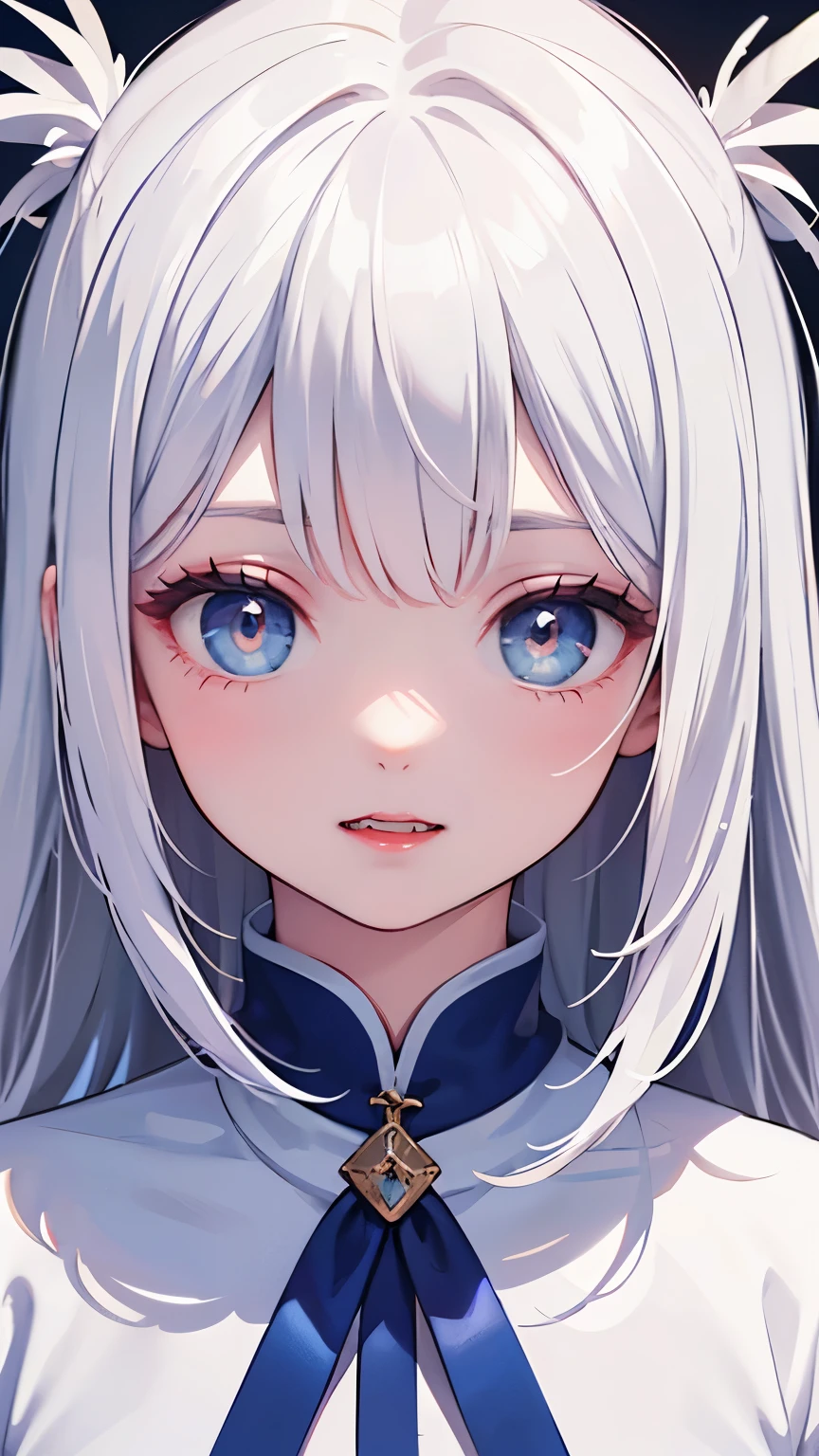 ((RAW photos),absurdity of feather,(absurdity of feather分辨率)), masterpiece,Best Quality,(extremely detailed 8k unity CG wallpaper),( BEST ILLUSTRATION ),(best shade),Realistic Lighting,beautiful and detailed brilliance,((21 years old)), girl,White hair,blue pupils with different shades,Fangs,cute,There are bangs on both sides of the forehead, blue and white clothes ,Comes with a ribbon, Red lipstick ,(((Her Photographic Perspective)))