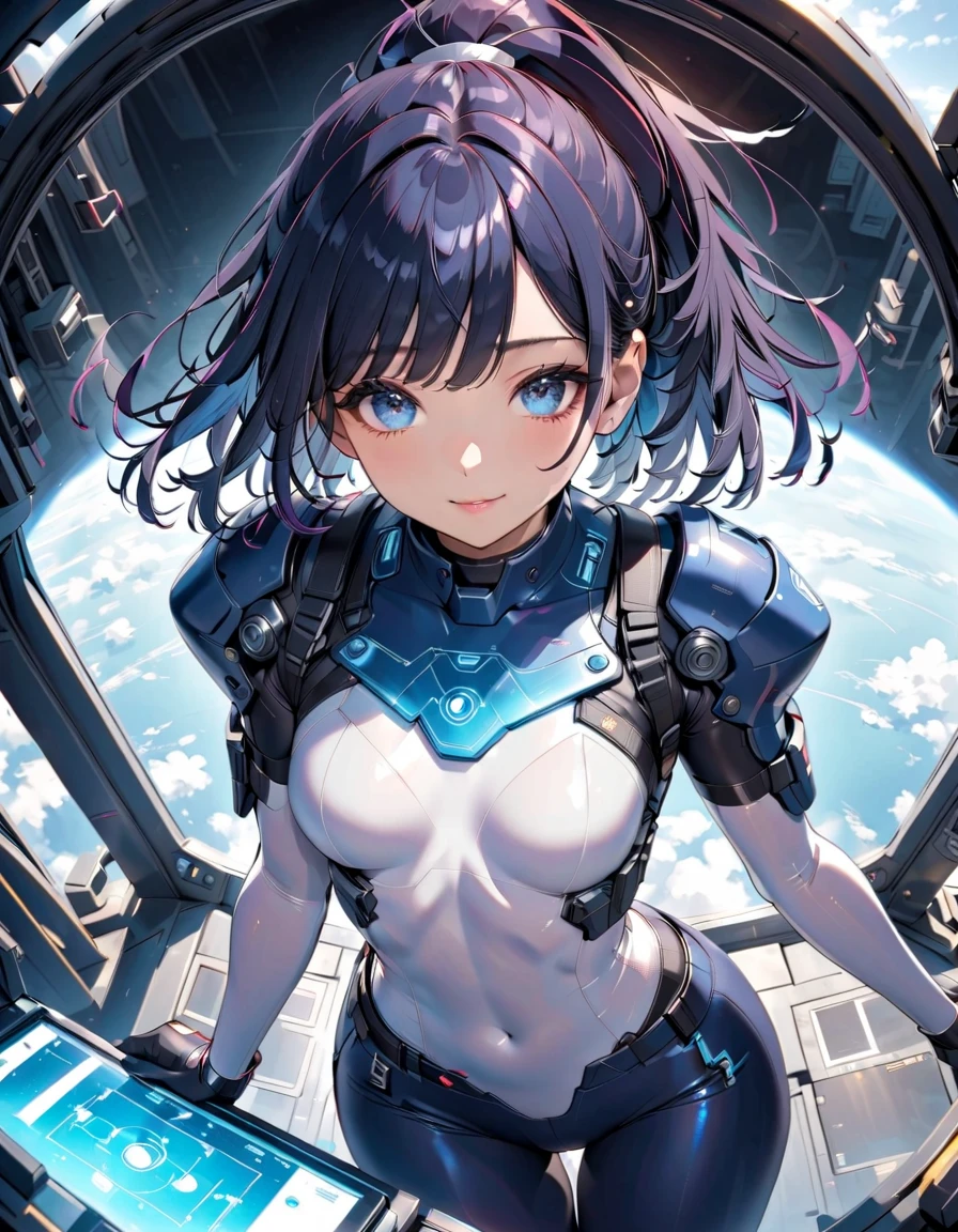 0((SFW)), masterpiece, best quality, highres 64k, clean, cinematic lighting, (((beautiful human face))), beautiful blue eyes, beautiful black hair + detail, multicoloured hair, (sexy young female body:1.4), (medium breast, lactation ), looking at the viewer, 1girl, solo, ((Exo Stranger, Elsie Bray, Elizabeth Bray, makeup, ))  pale skin,  ((cool & sexy , sexy smile, closed mouth,  )),  (futuristic armored body suit,  ), outdoors,(( ruins,)), ((standing, leaning forward,)), ((upper body)),    <lora:Exo Stranger V2:0.599999>